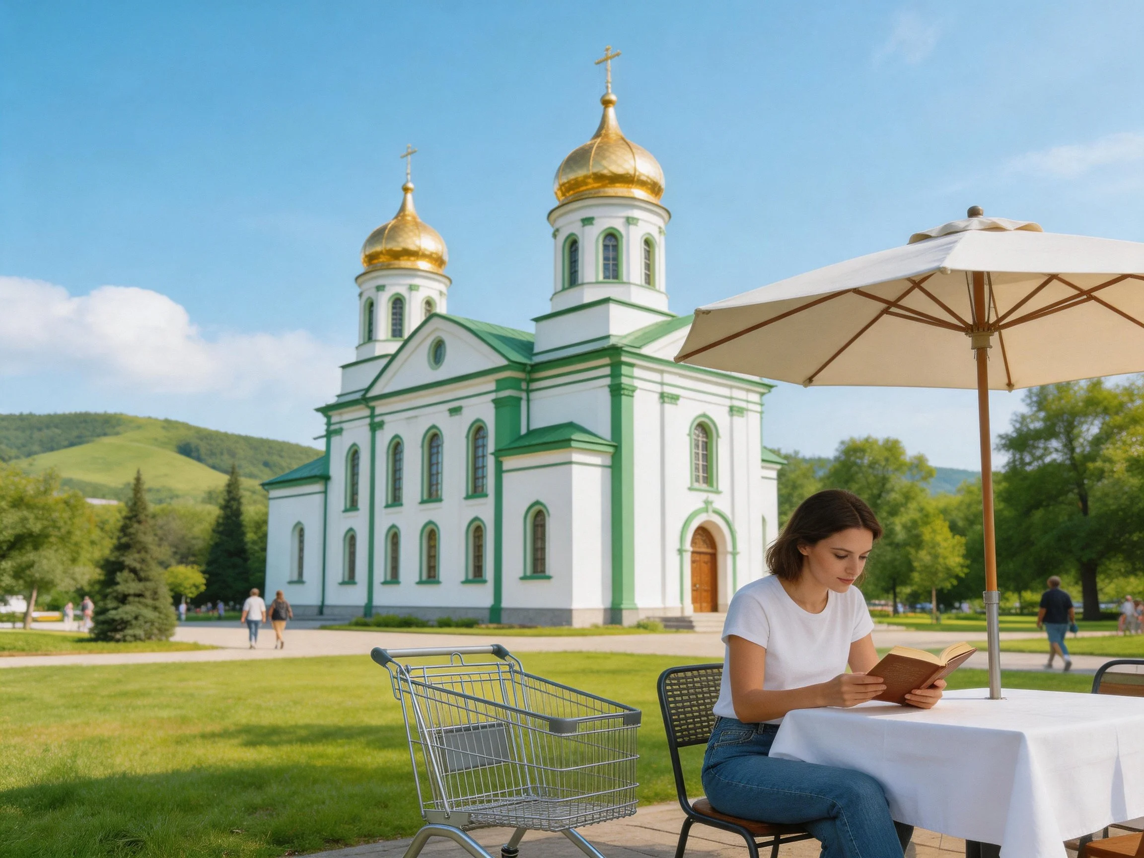 Woman reads near white-green church with golden domes and shopping cart