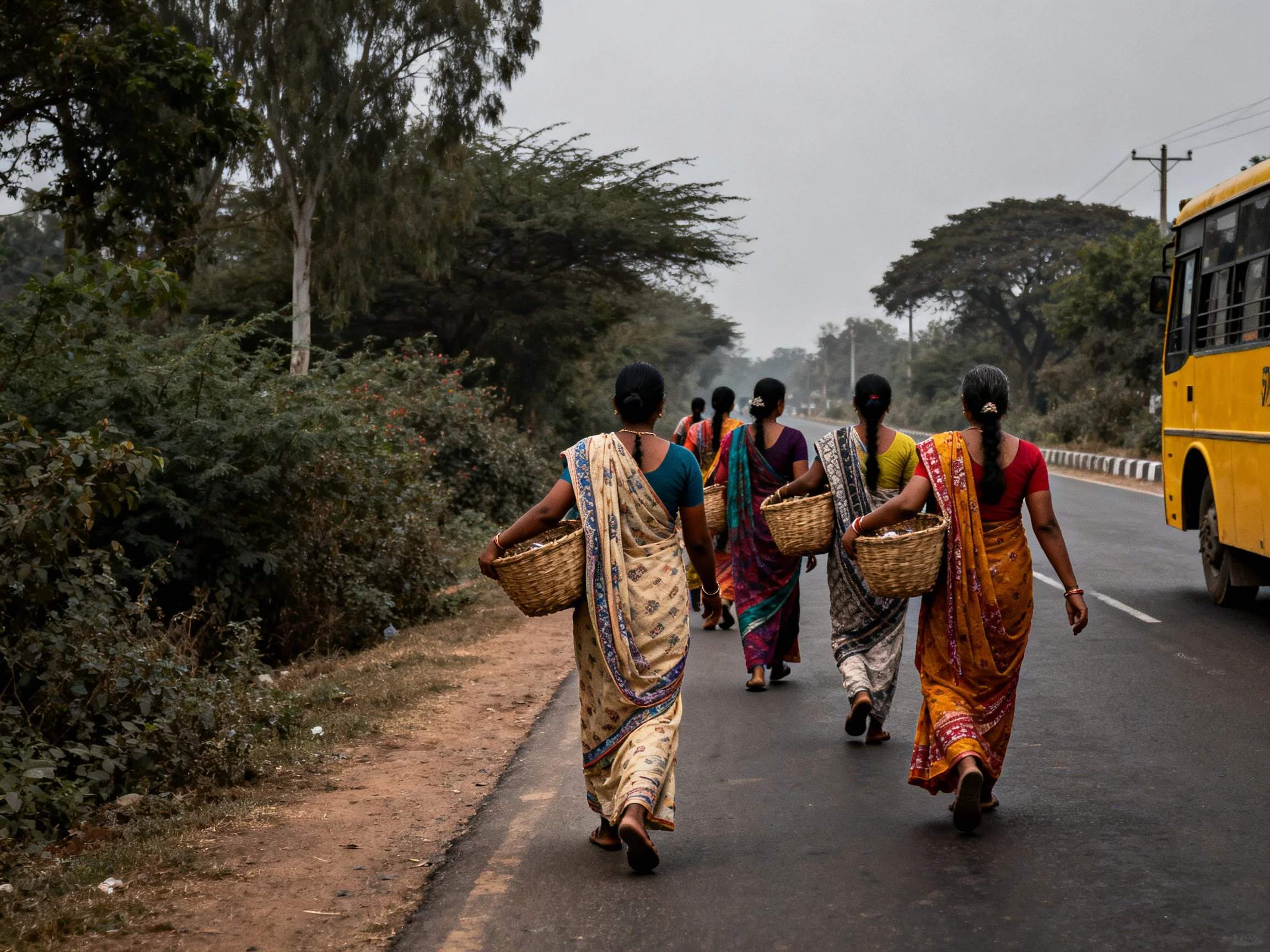 Women in colorful saris carry baskets along a rural road
