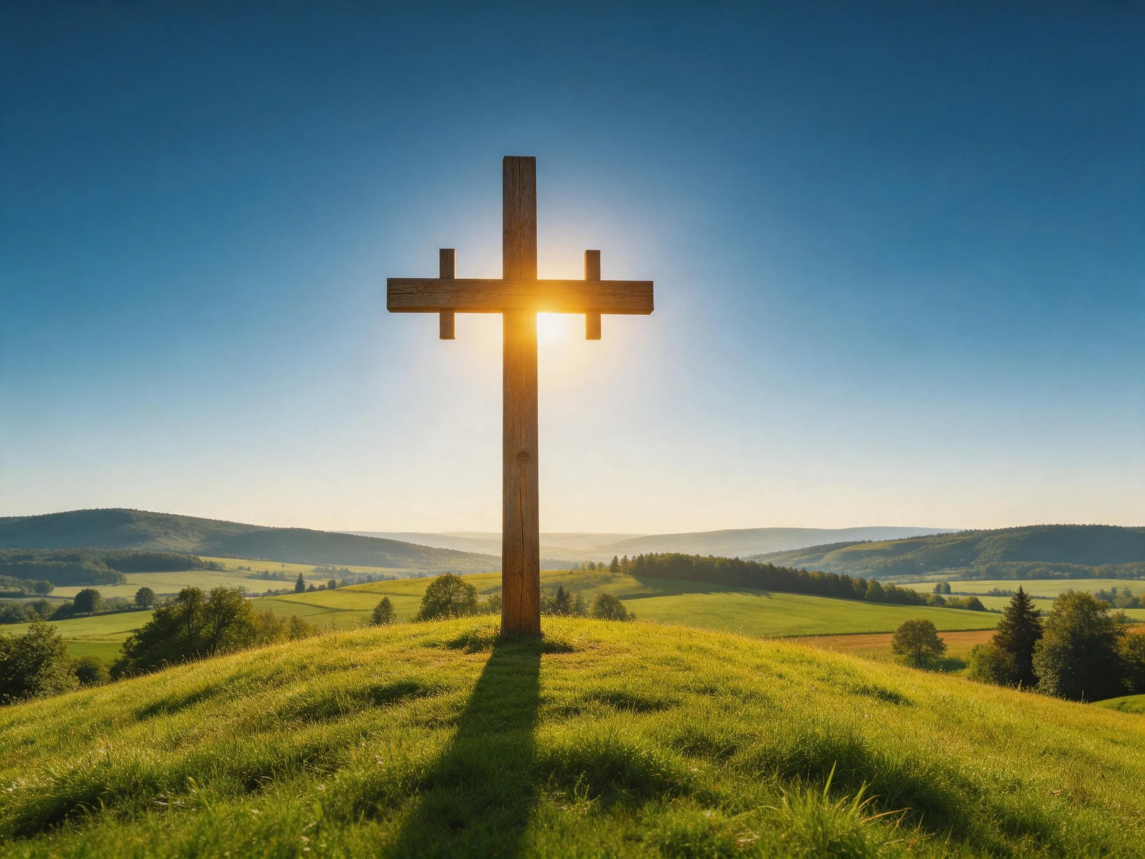 Wooden Cross on Grassy Hill Under Sunlight