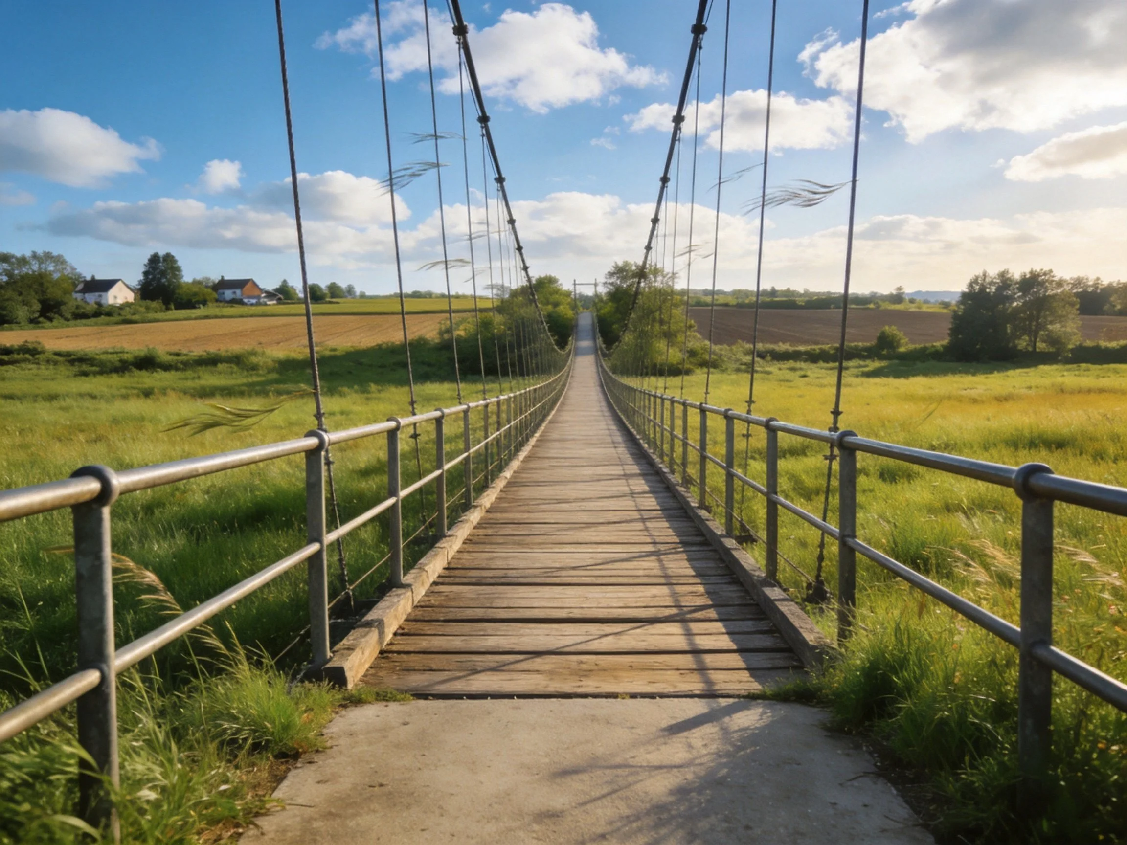 Wooden Suspension Bridge Over Lush Green Fields Under Blue Sky