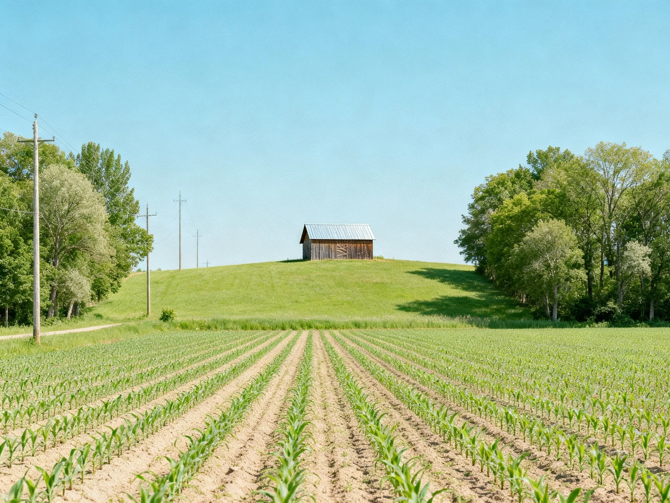 Wooden barn atop a grassy hill near crop fields