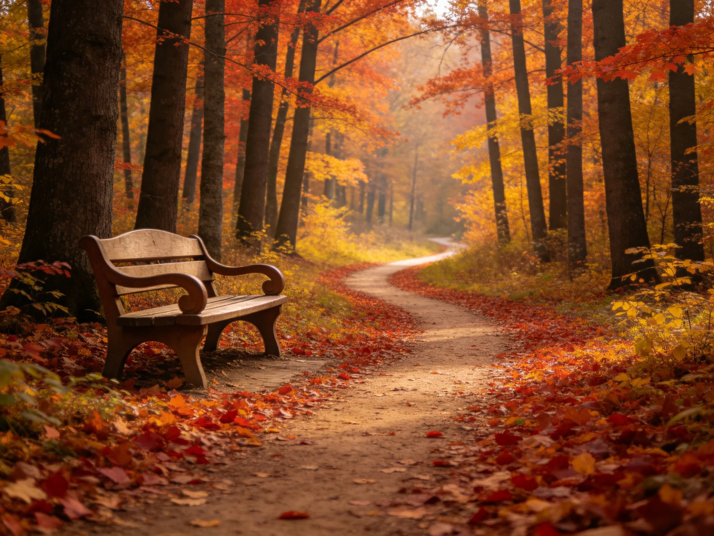Wooden bench amidst vibrant fall foliage near winding leaf-covered path