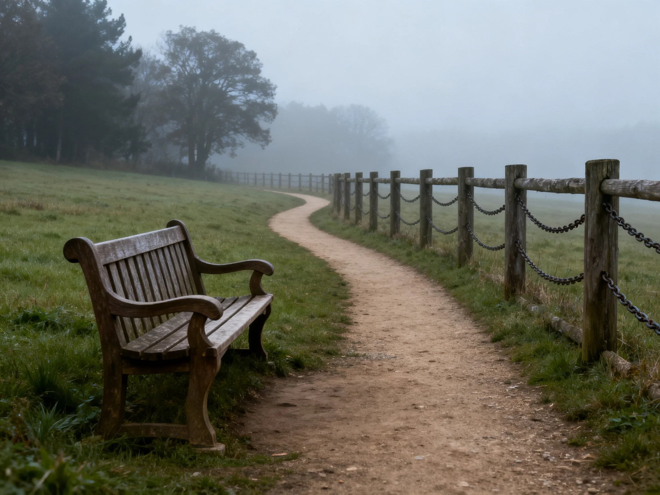 Wooden bench beside a foggy winding dirt path with a wooden fence