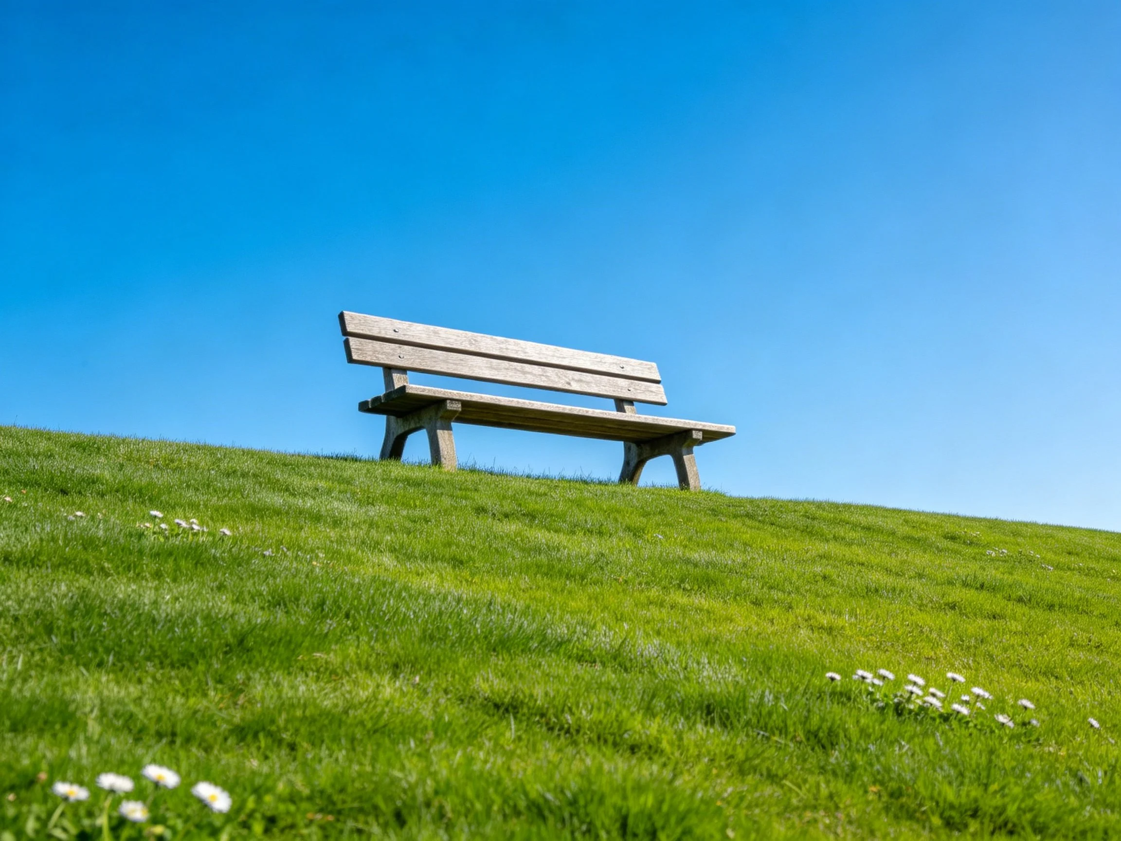 Wooden bench on grassy hill beneath clear blue sky