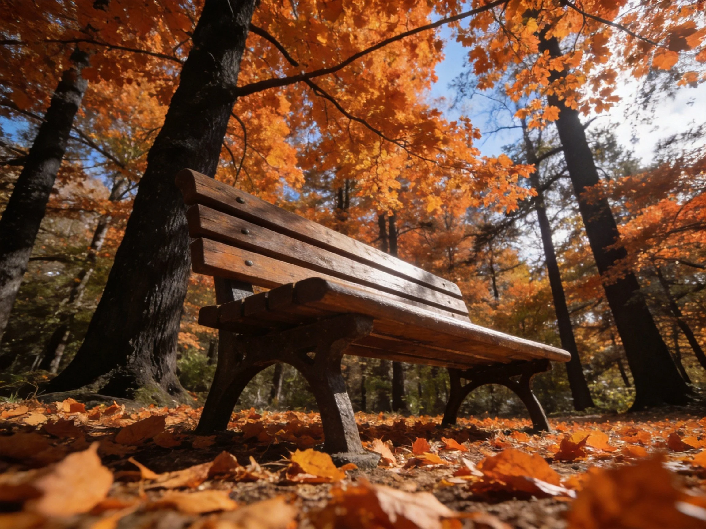 Wooden bench surrounded by vibrant autumn foliage in sunlit forest