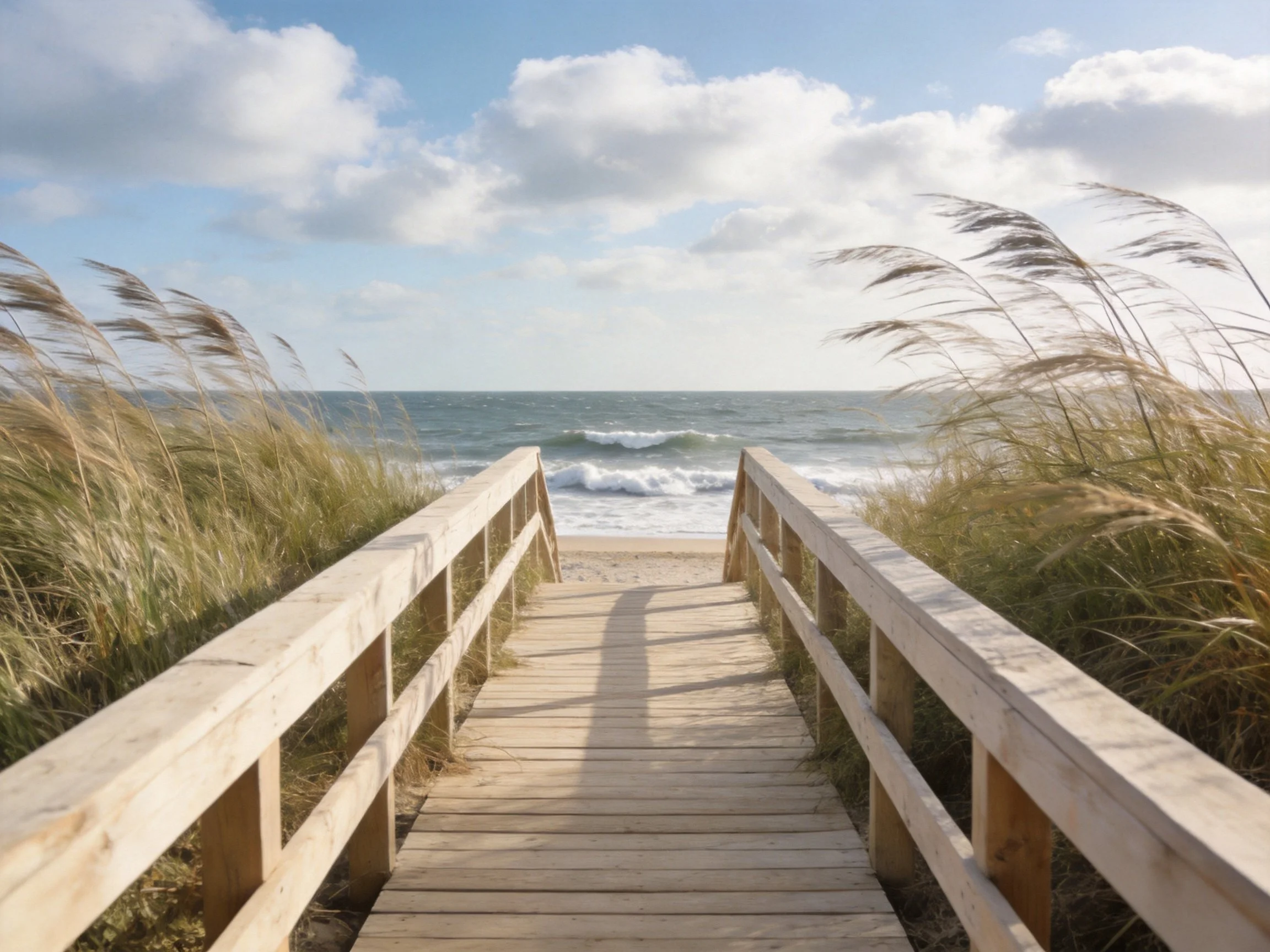 Wooden boardwalk leads to sandy beach with ocean waves