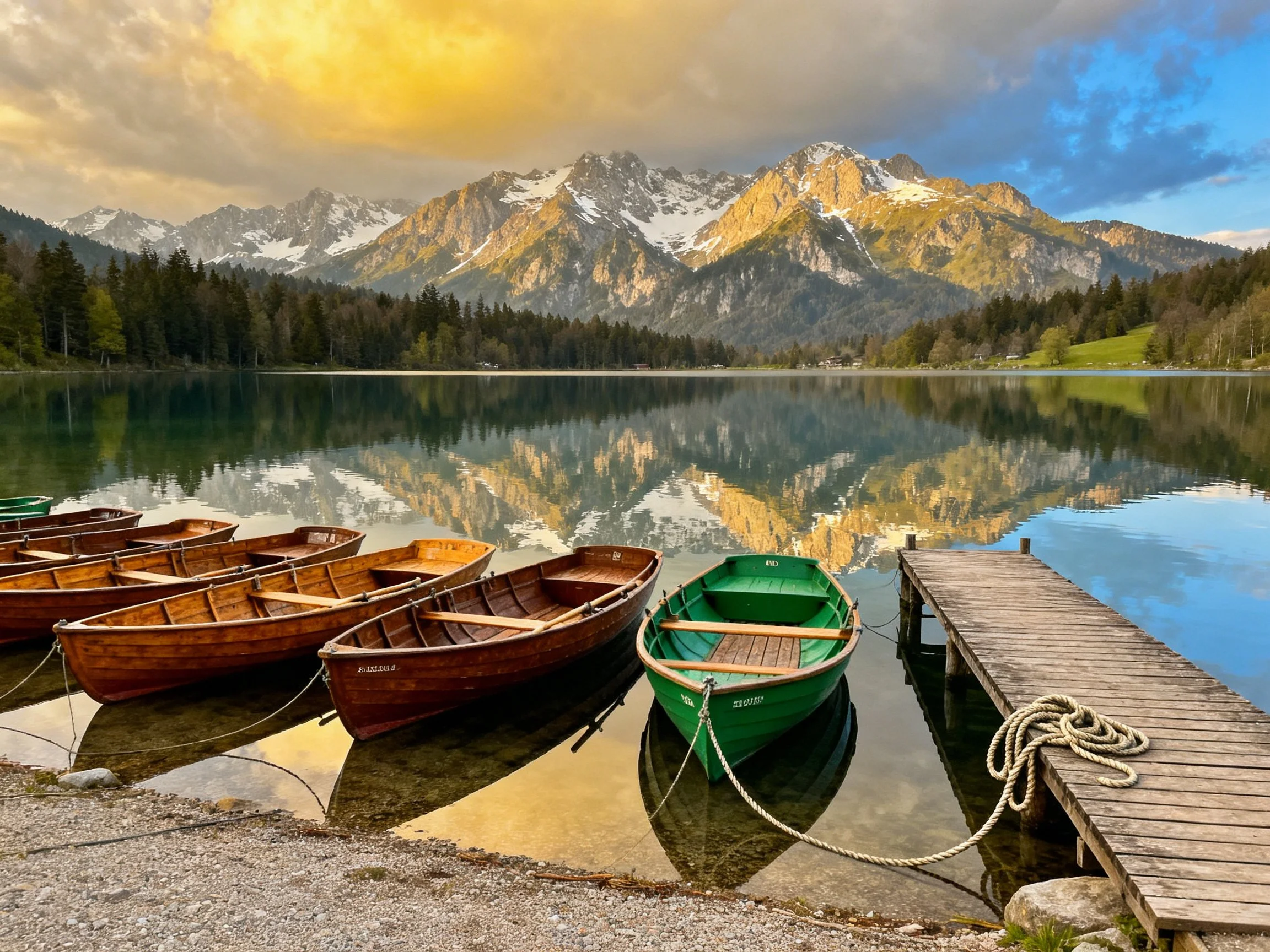 Wooden boats docked beside a mountain lake with reflections
