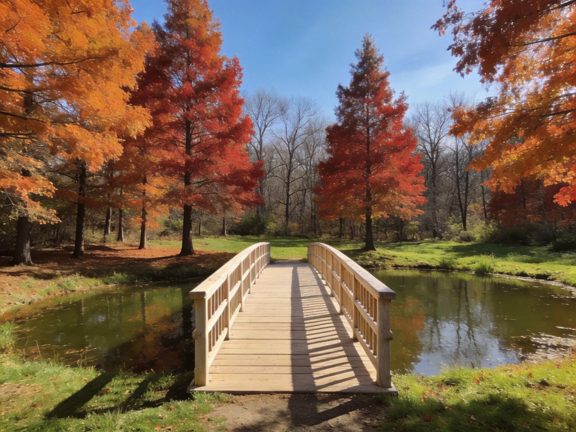 Wooden bridge spans pond near vibrant fall trees