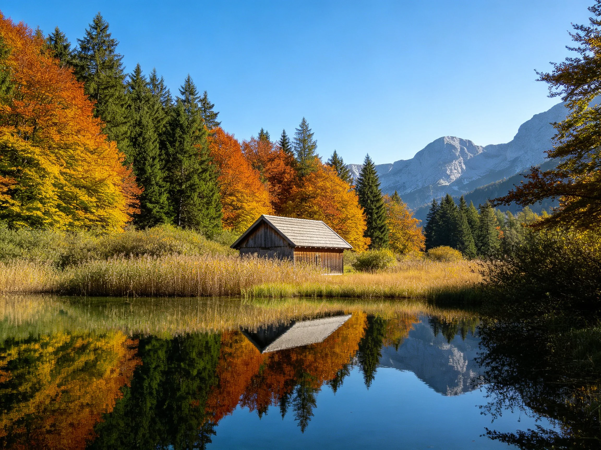 Wooden cabin near colorful autumn forest by serene lake with mountains