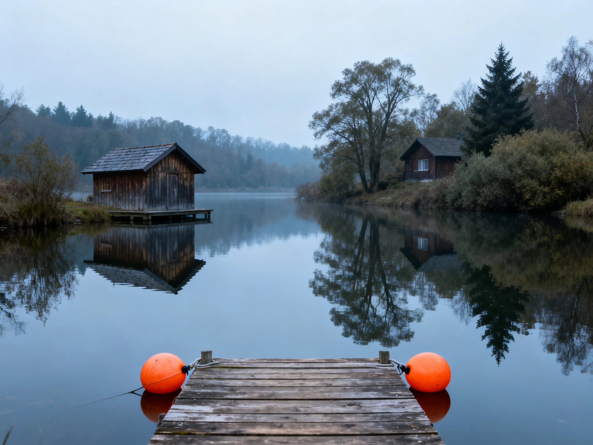 Wooden cabins reflect on calm lake with orange dock pier.