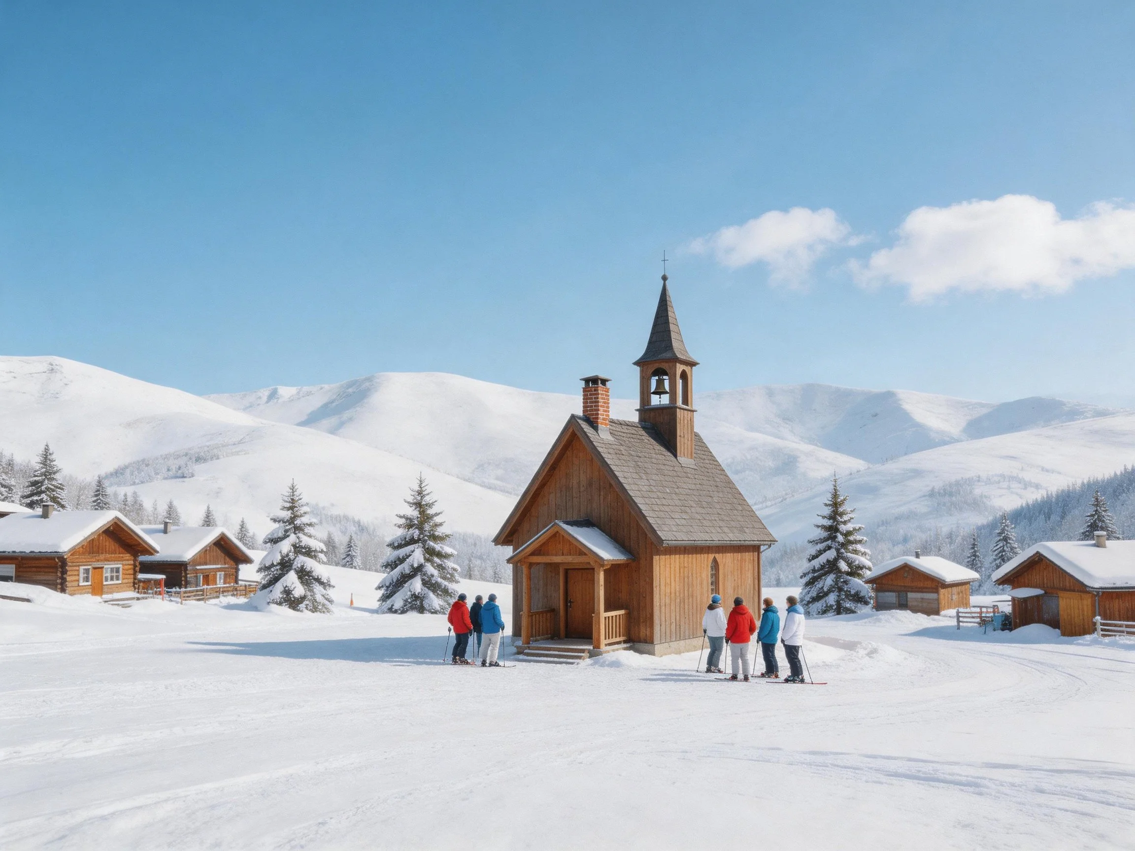 Wooden chapel surrounded by snowy cabins and mountainous backdrop