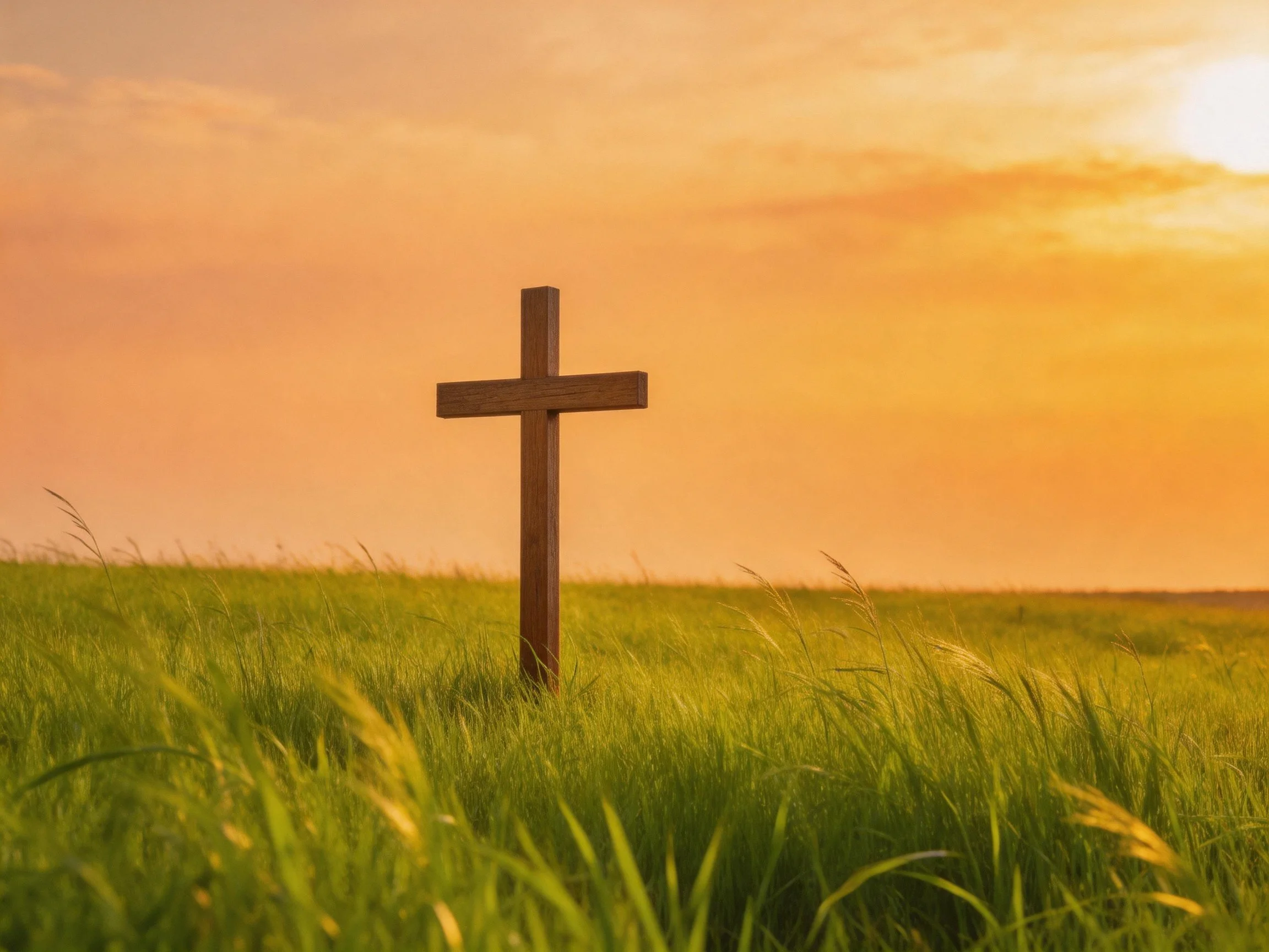 Wooden cross in lush green meadow under golden sunset sky