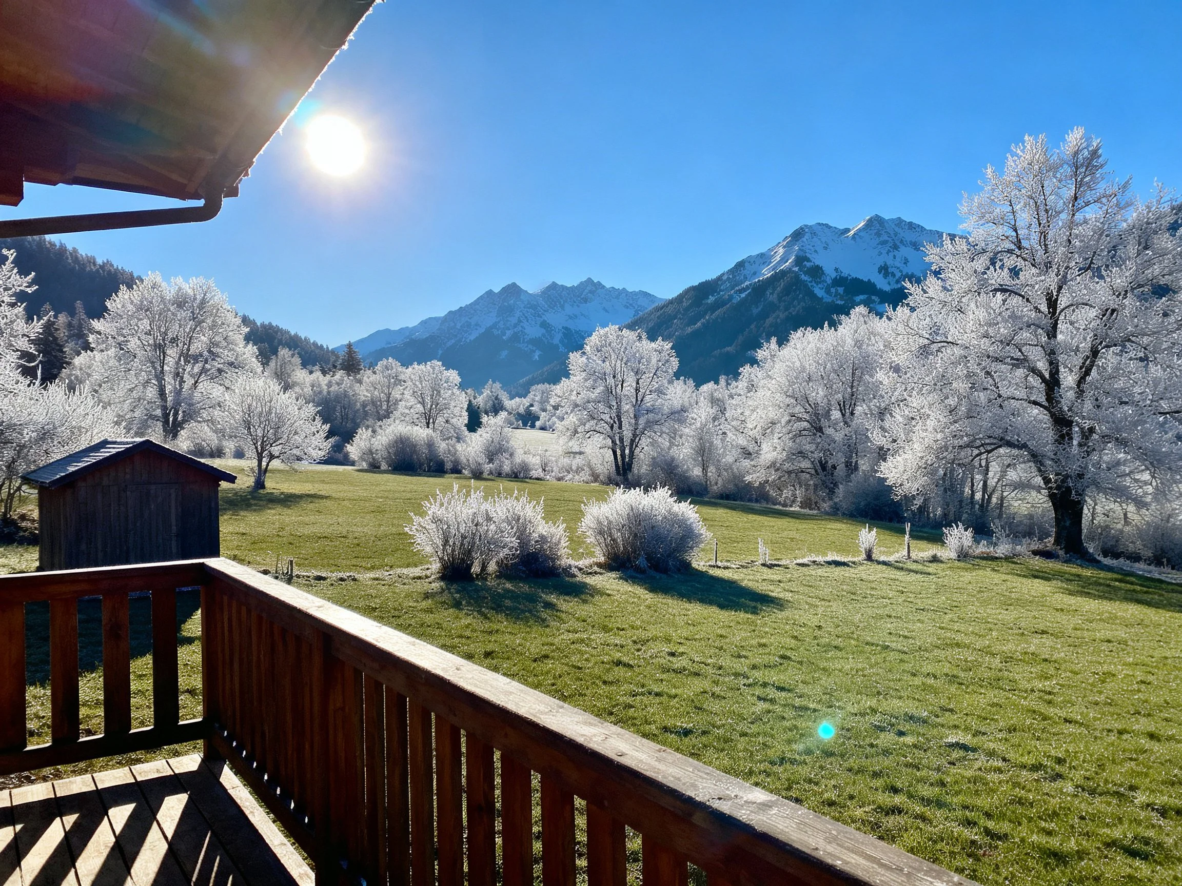 Wooden deck views frosted trees, green meadow, snow-capped mountains