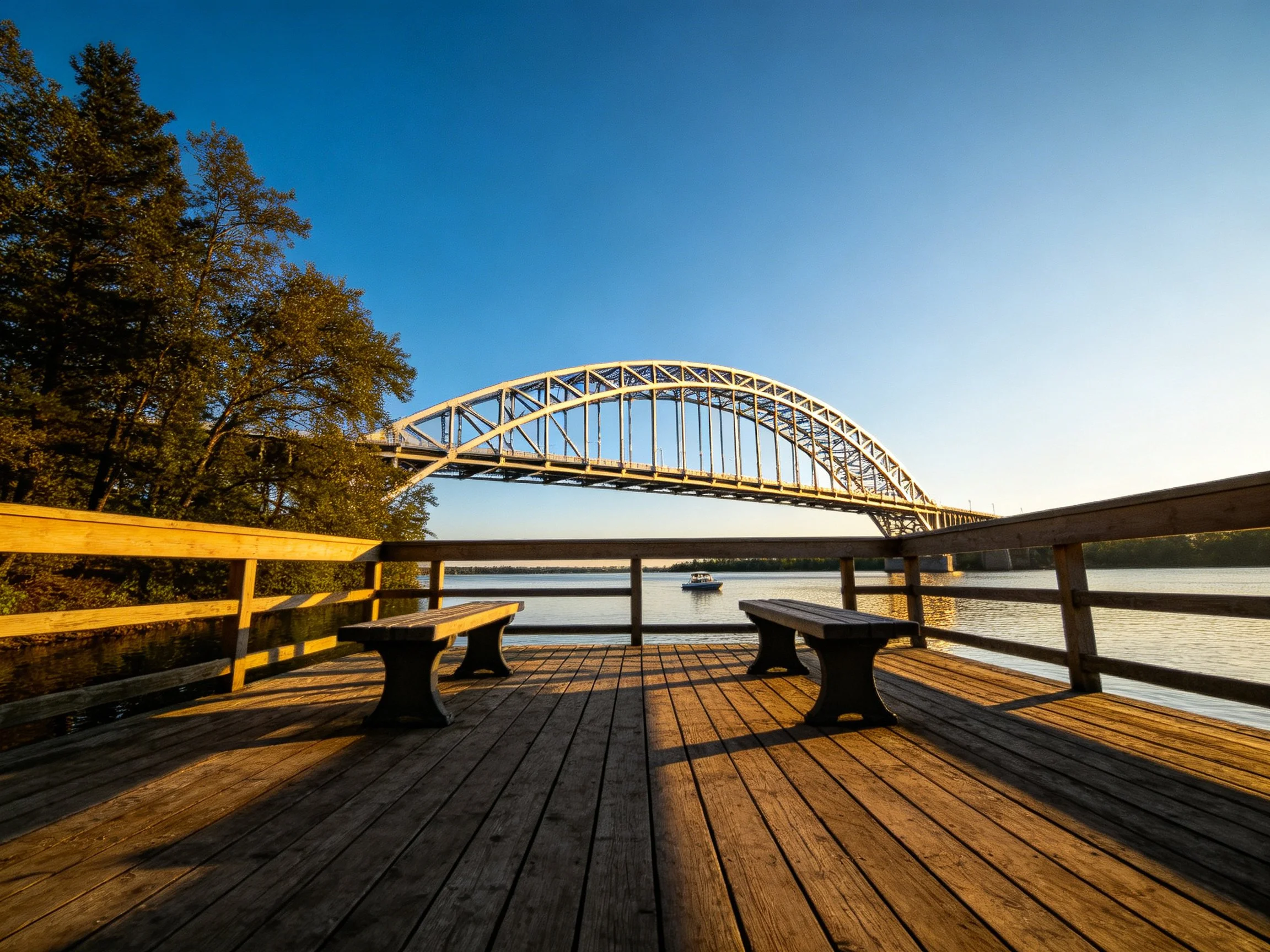 Wooden deck with benches near arched bridge over water