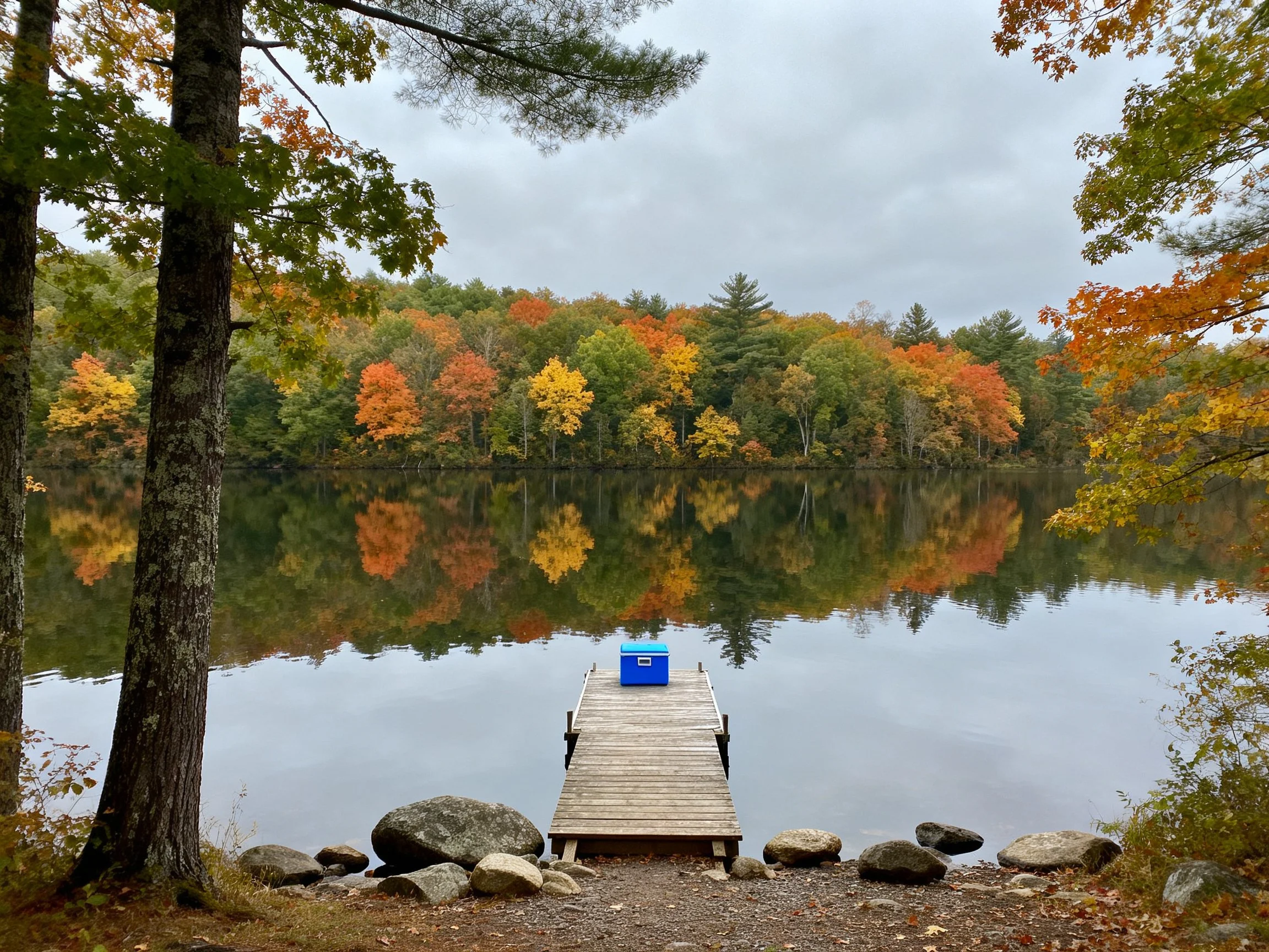 Wooden dock over calm lake with vibrant fall tree reflections