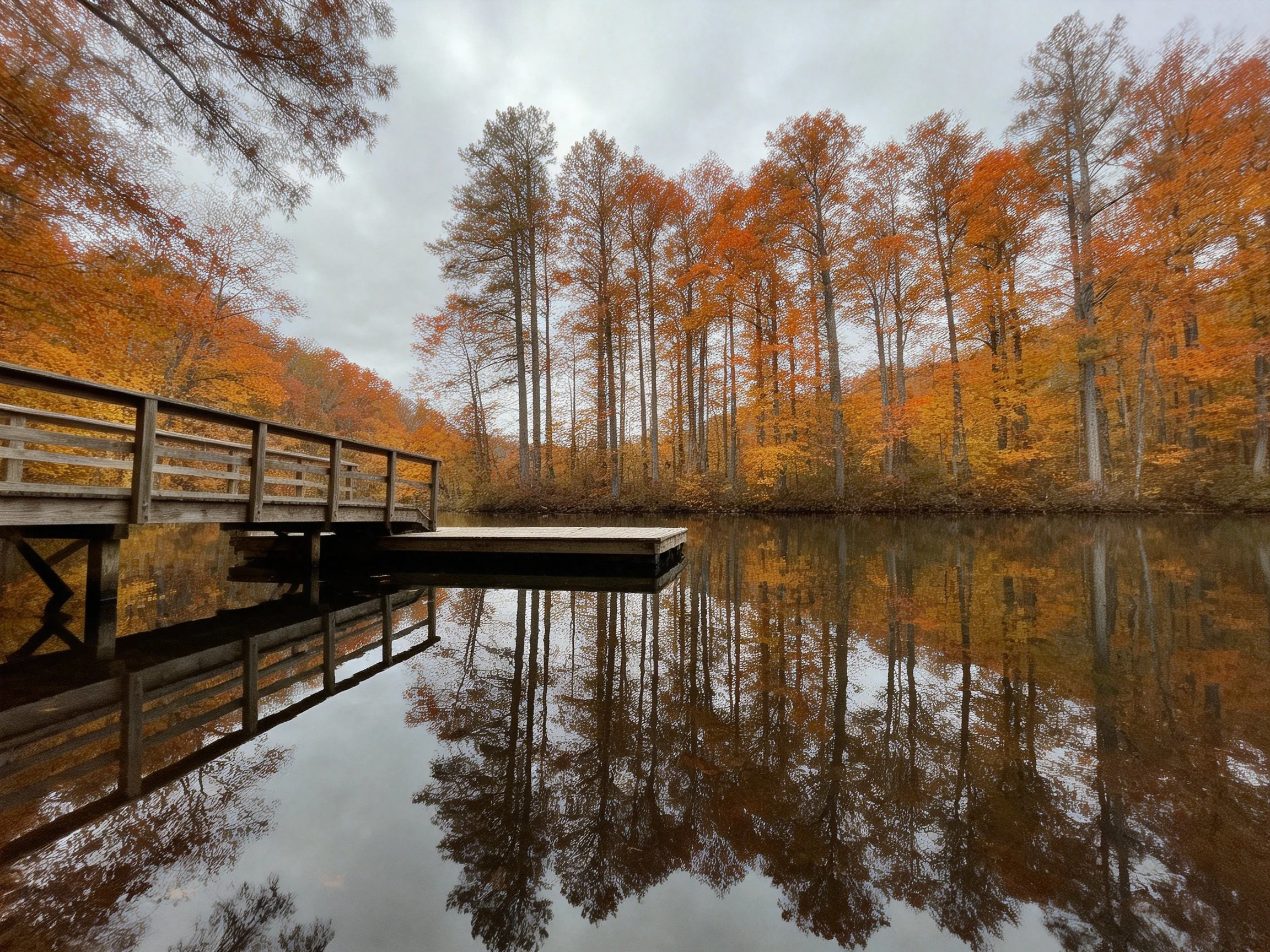 Wooden dock over calm water reflects vibrant autumn forest