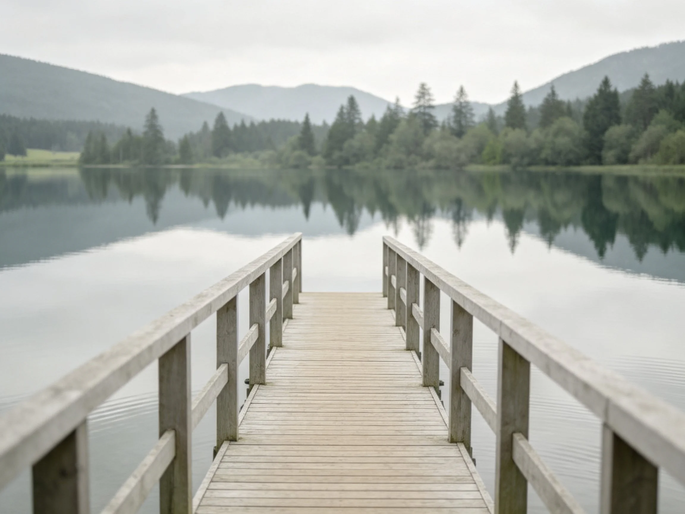 Wooden dock stretches over calm lake with forest and mountain reflections