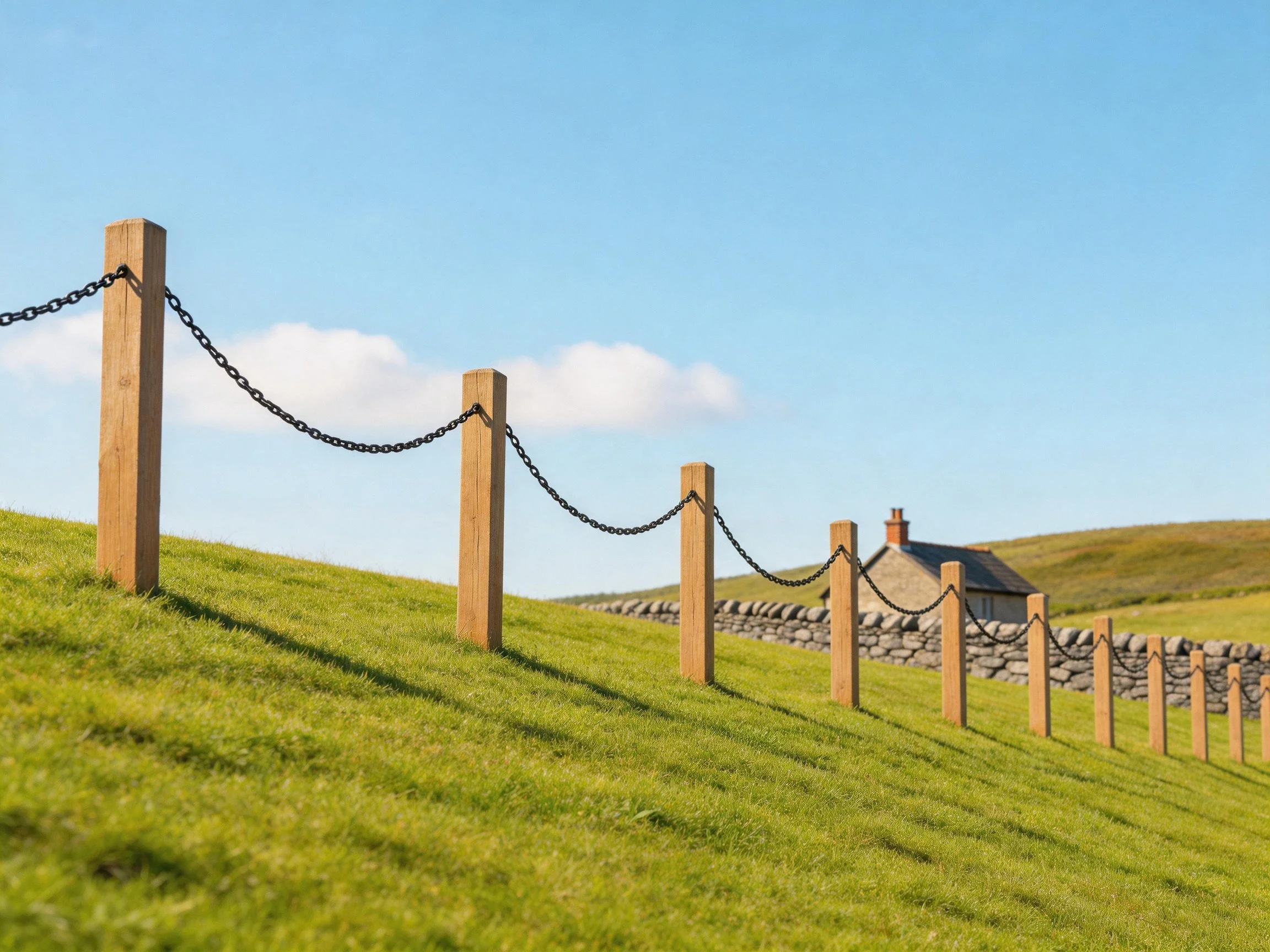 Wooden fence posts with chain links on grassy hillside near stone wall
