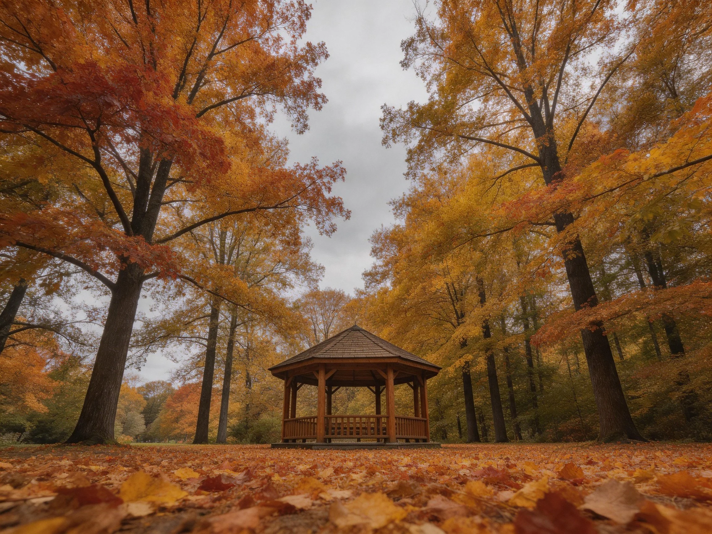 Wooden gazebo amid golden-orange autumn trees with fallen leaves