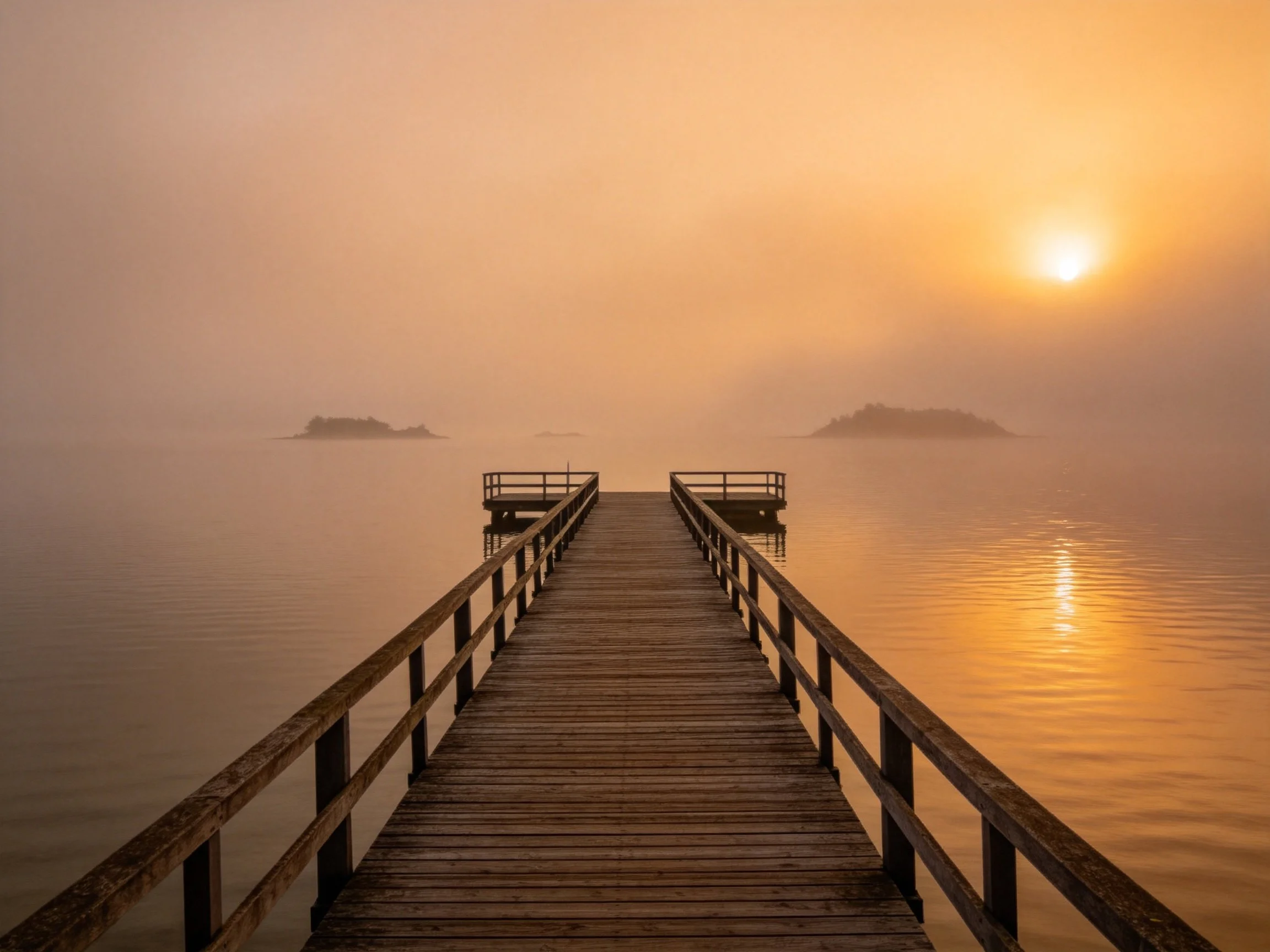 Wooden pier extends into misty golden waters near distant islands