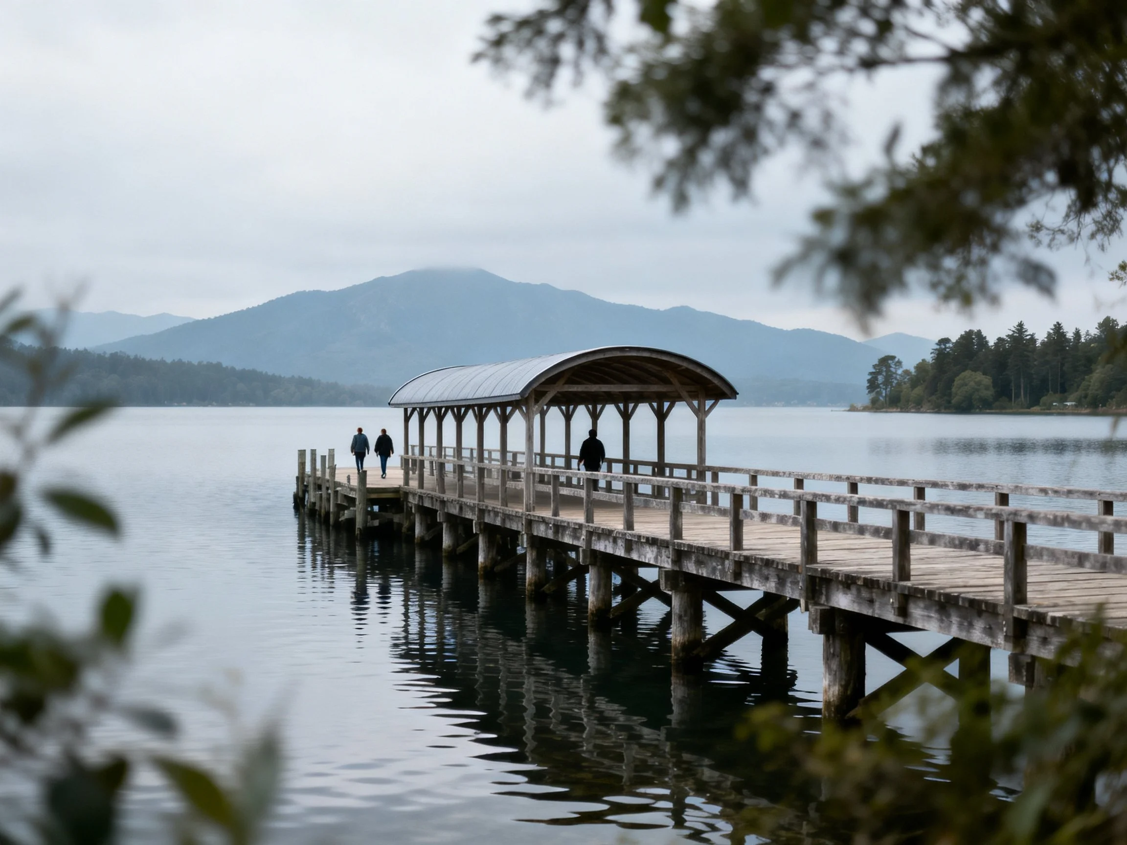 Wooden pier extends over calm water with misty mountain backdrop