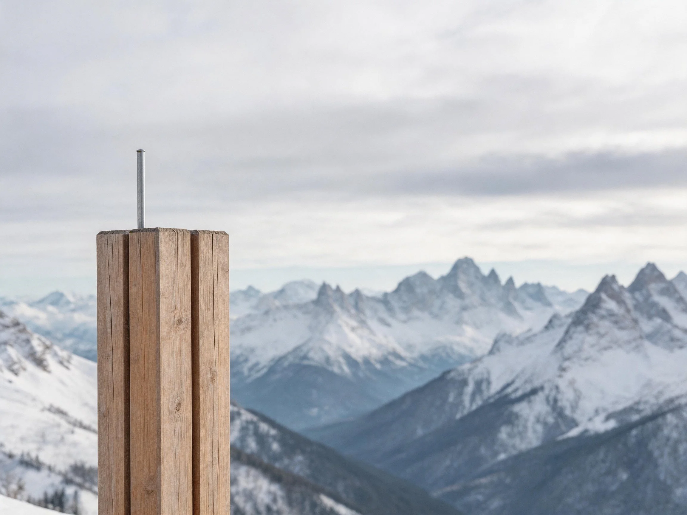 Wooden post with metal rod near snow - capped mountain landscape under cloudy sky