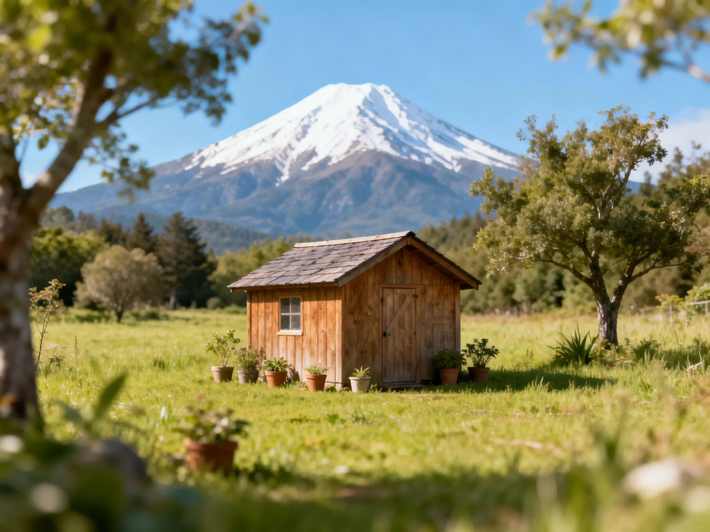 Wooden shed near snow-capped mountain in green meadow