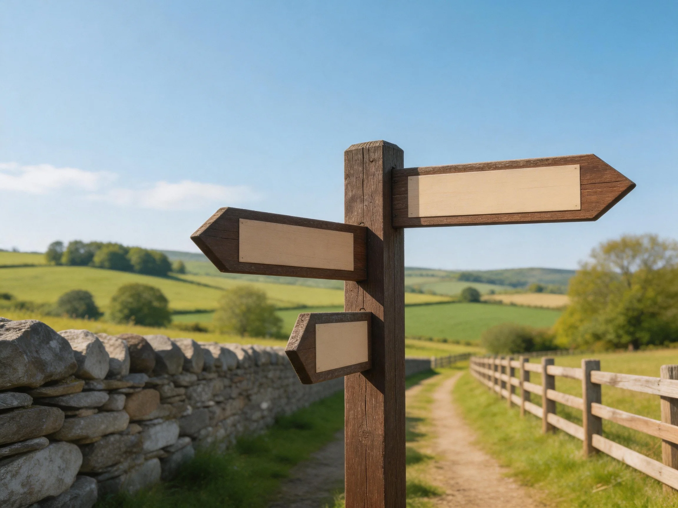Wooden signpost with blank directional signs near stone wall and country path