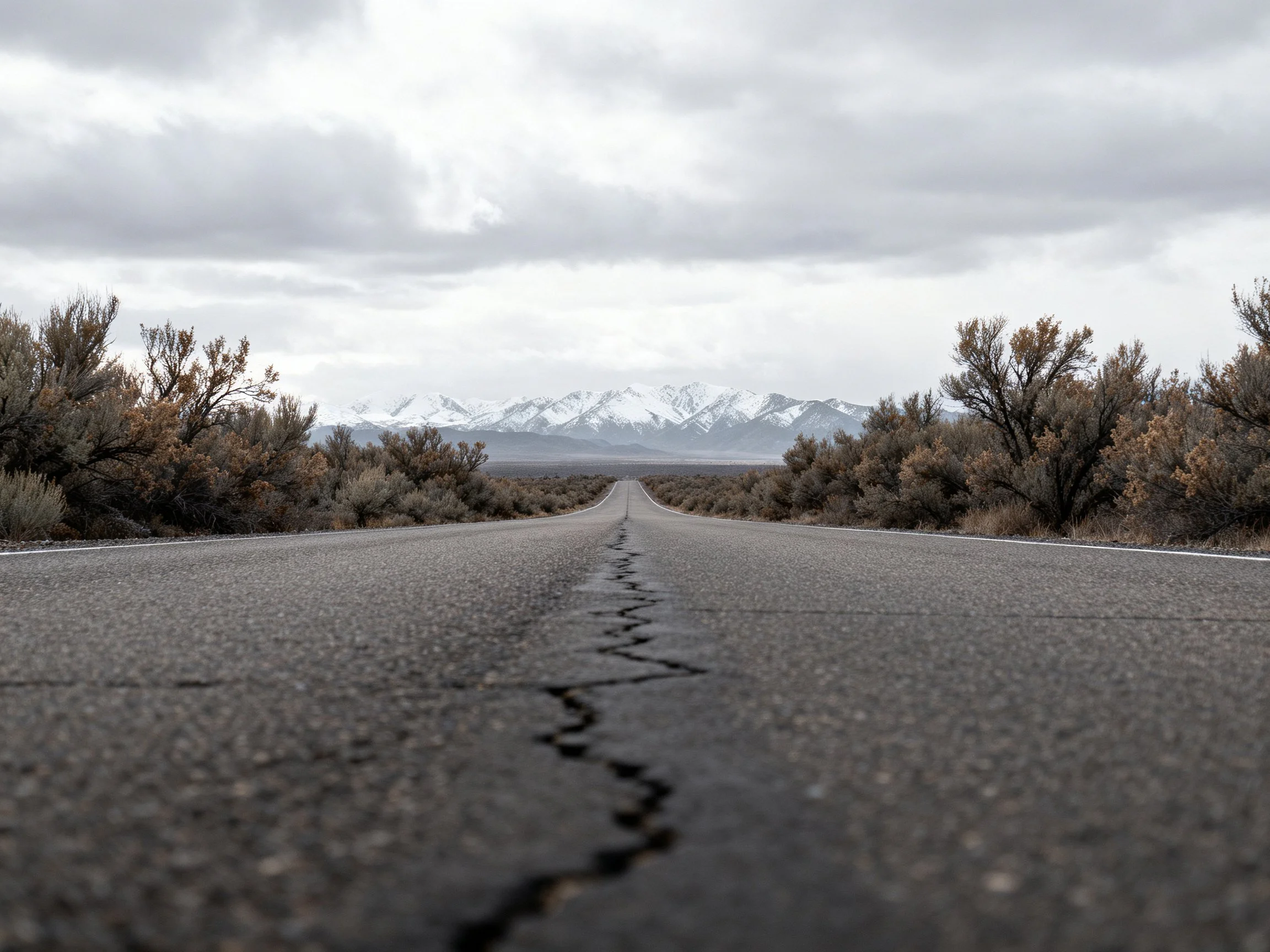 Worn asphalt road stretches toward distant snow-capped mountains