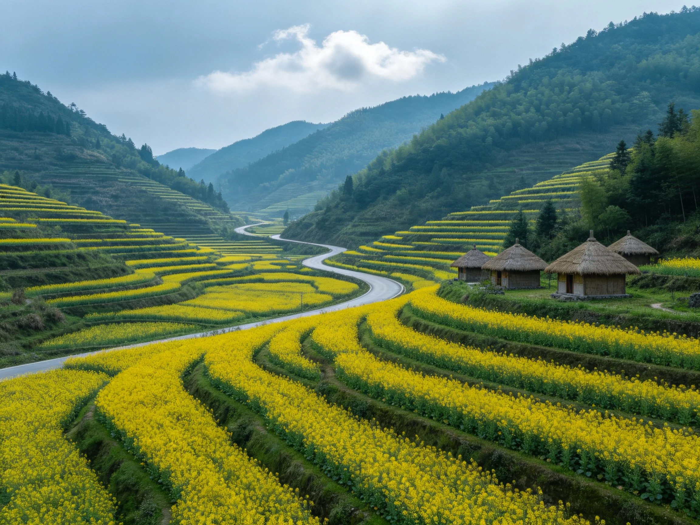 Yellow Terraced Fields, Winding Road, Thatched Huts Near Forested Mountains