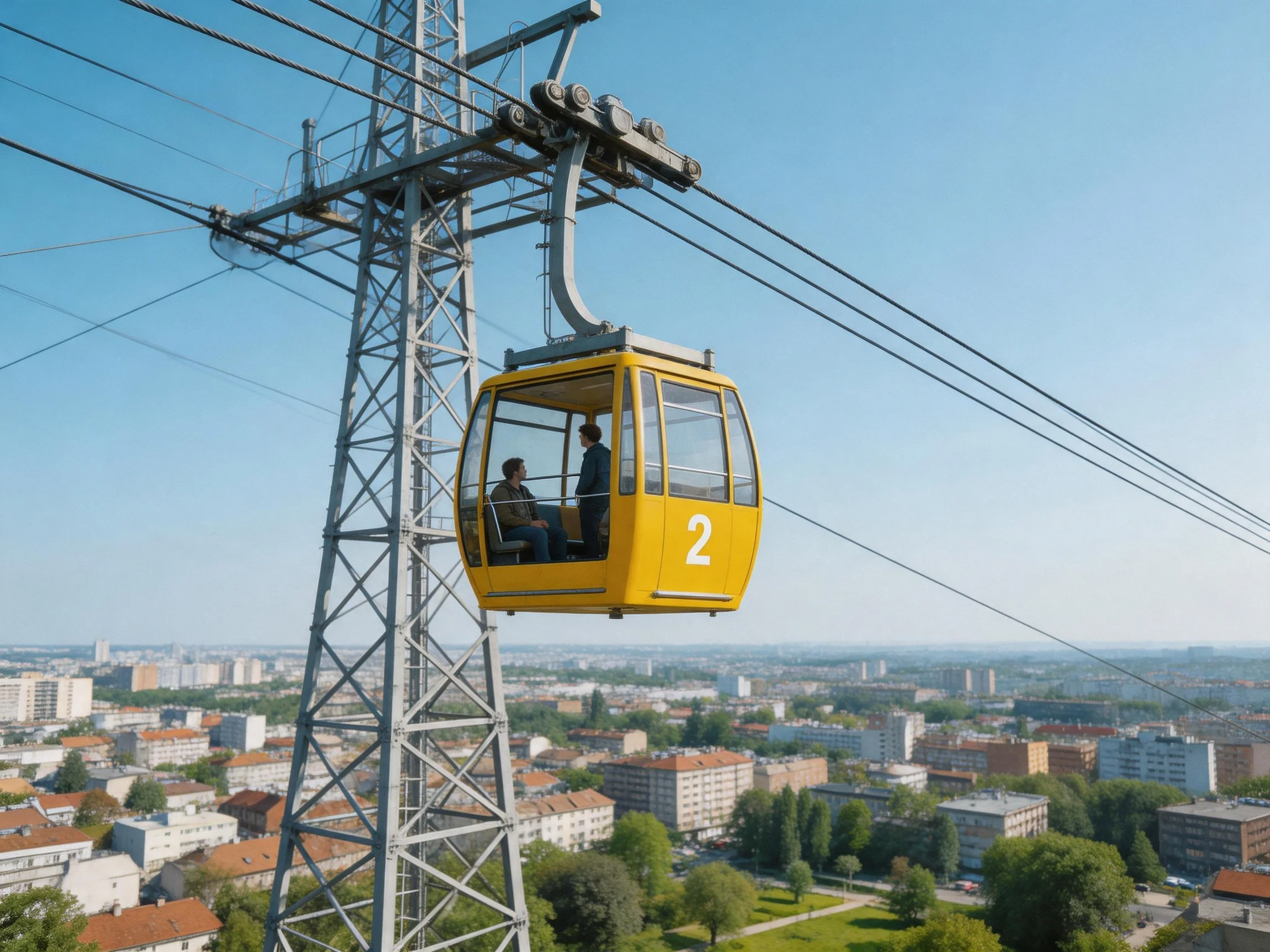 Yellow cable car numbered 2 overlooks sprawling urban area