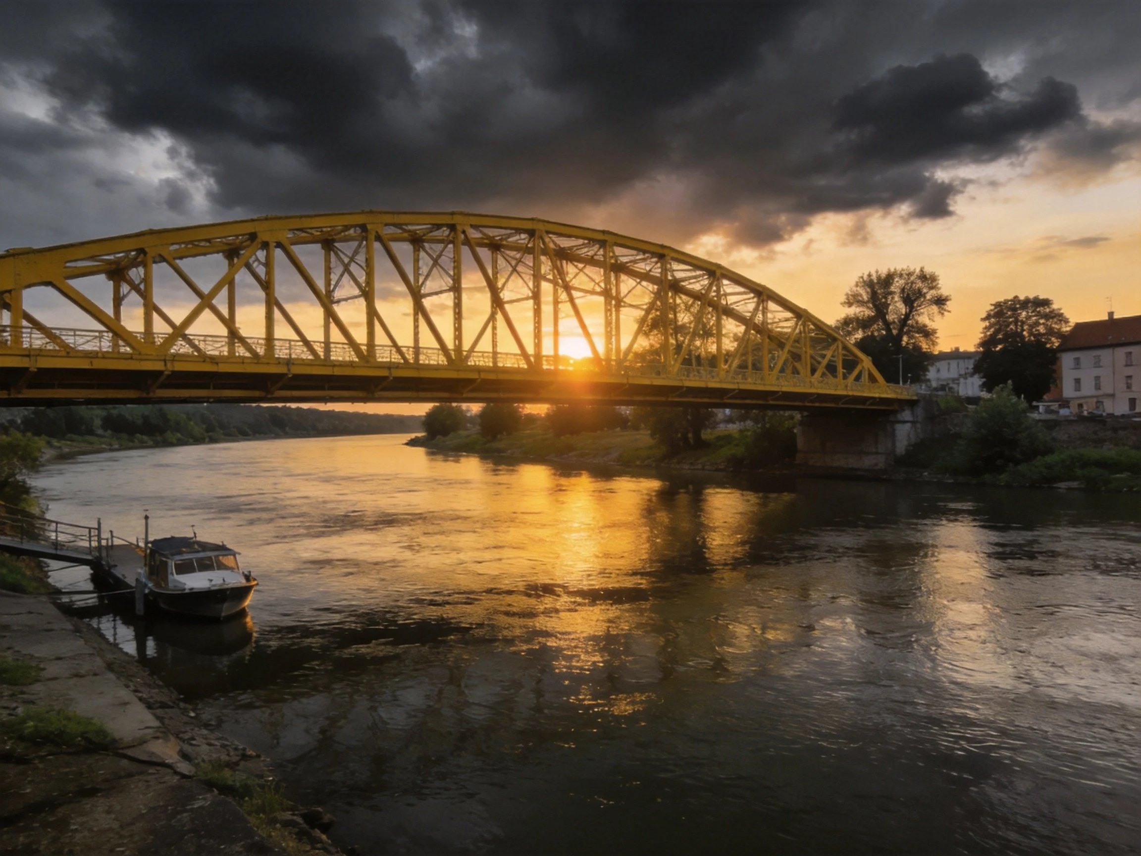 Yellow metal arch bridge spans river under stormy sunset