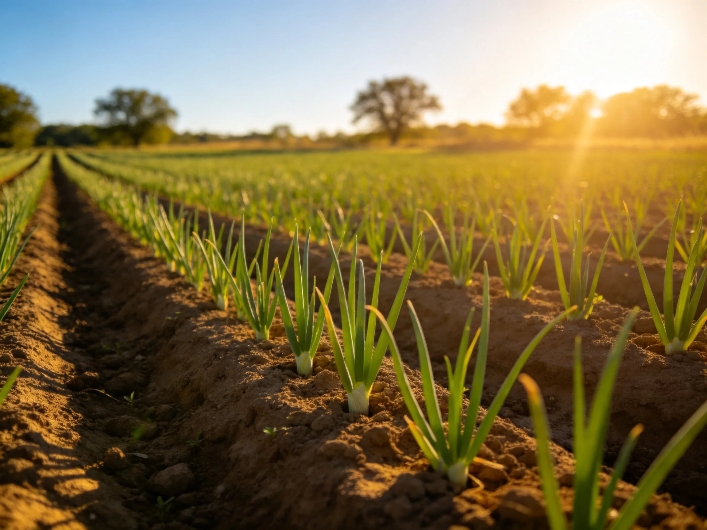 Young green seedlings growing in organized farm rows under golden sunlight
