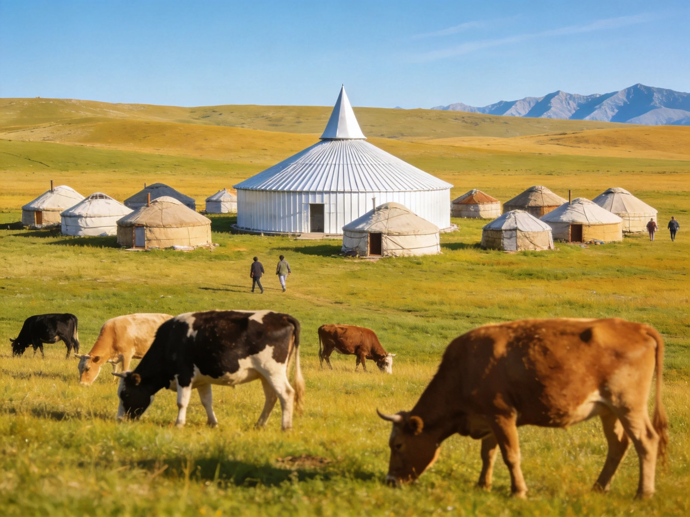 Yurts and Cattle in a Vast Green Pasture