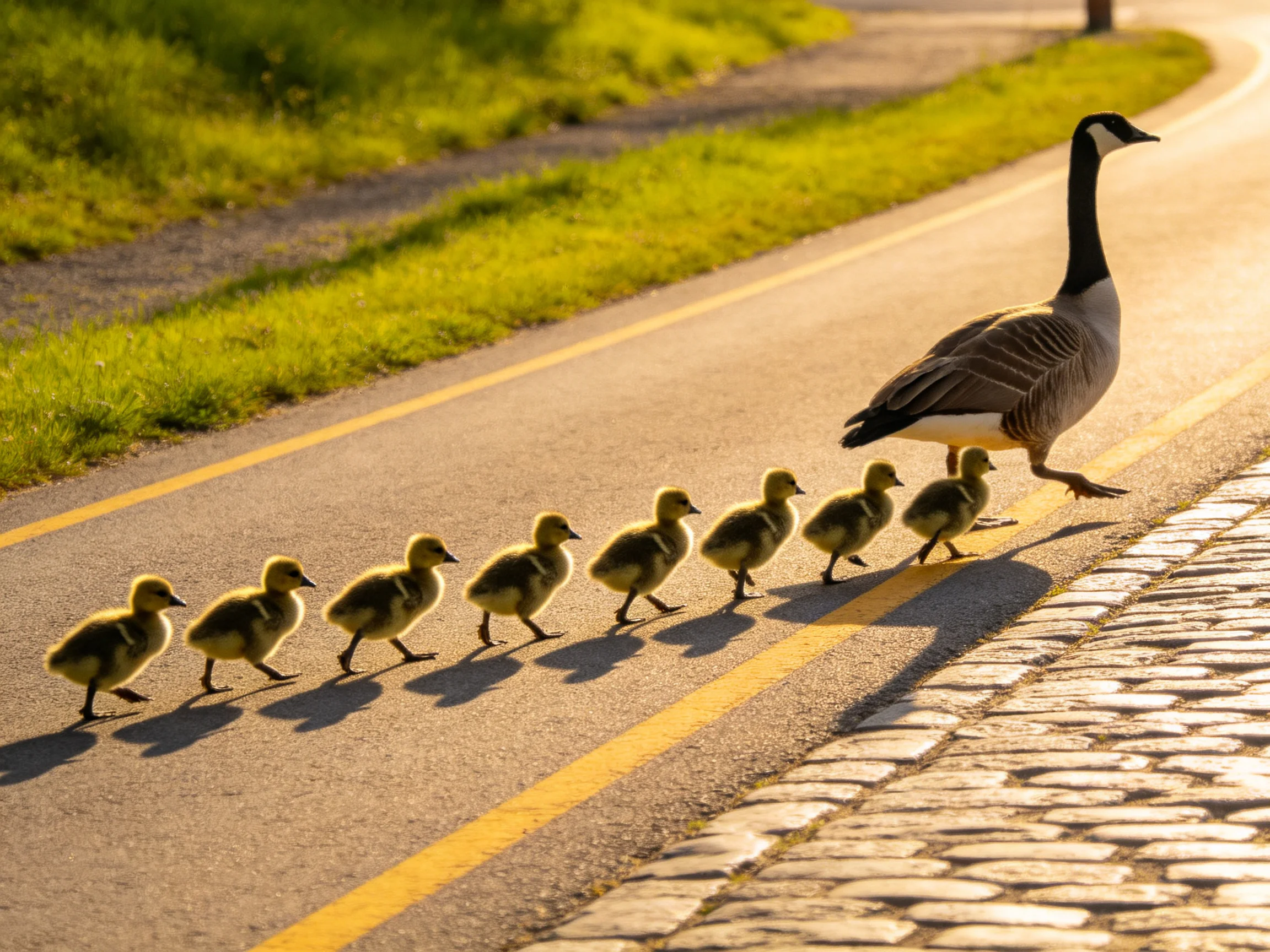 A Canada Goose Leading Seven Goslings Across a Sunny Road