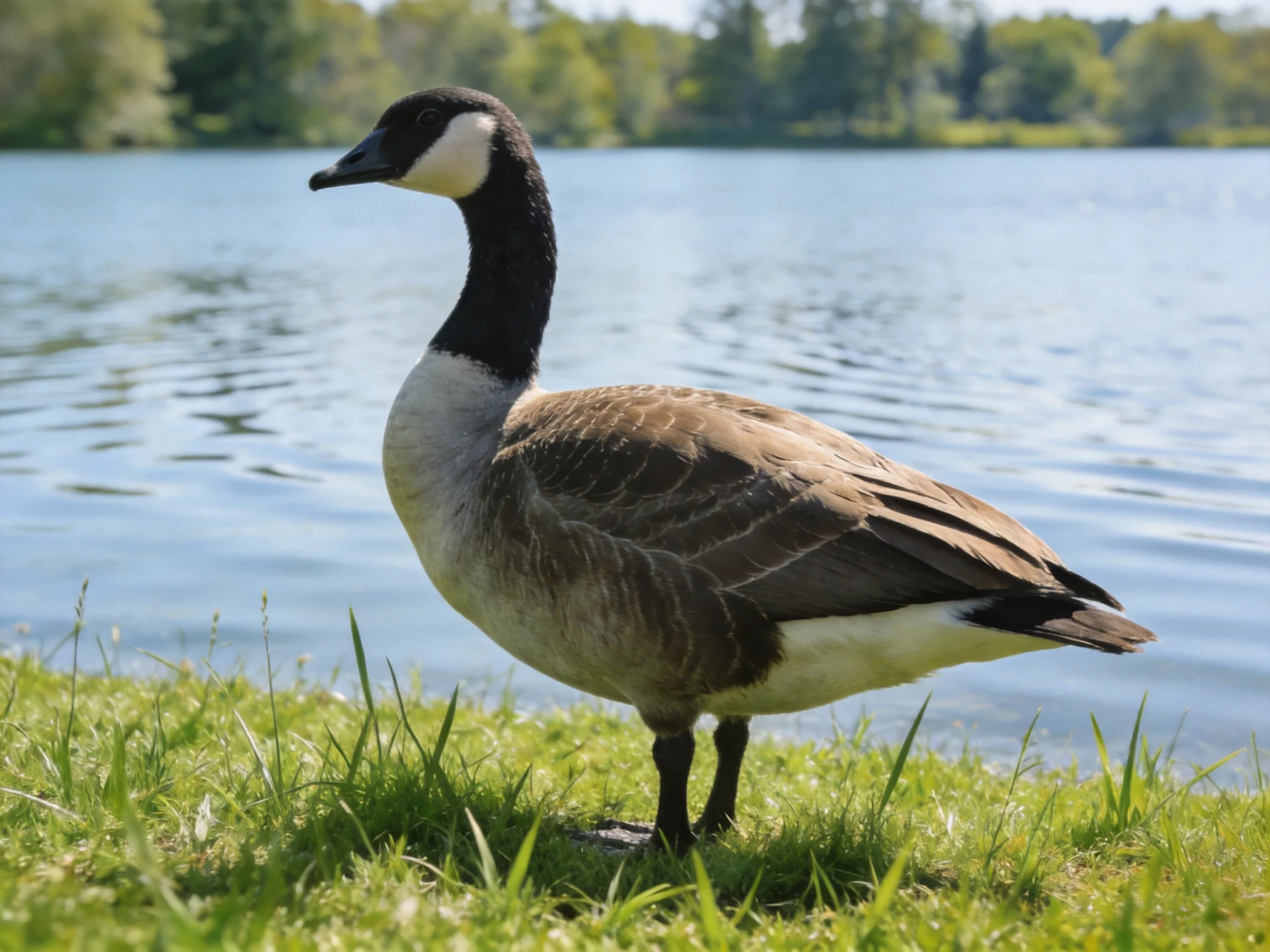 A Canada Goose Standing Near a Shiny Blue Lake by Lush Green Grass