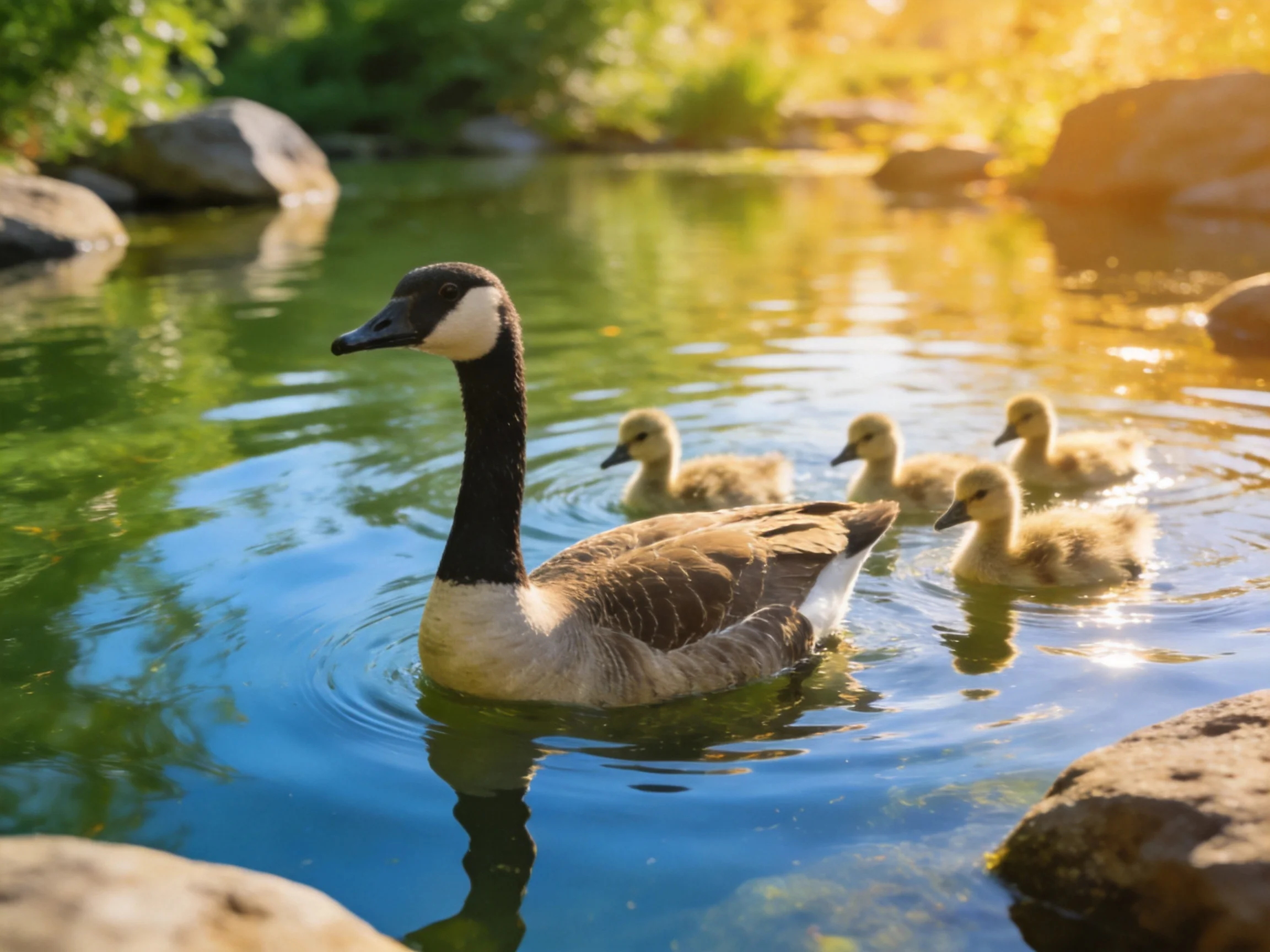 A Canada Goose Swimming With Four Goslings In Sunlit Water