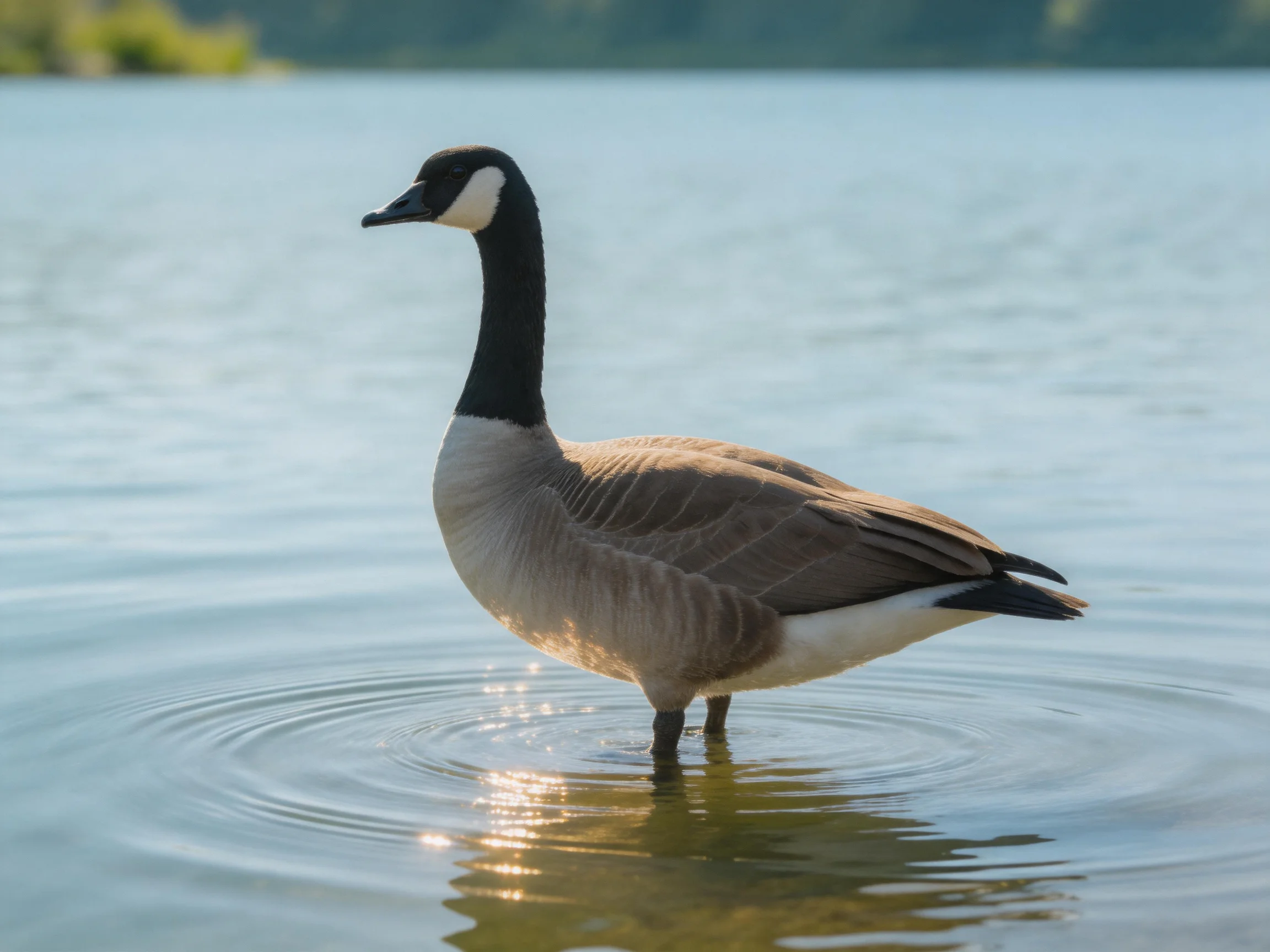 A Canada Goose stands in shallow lake water with ripples