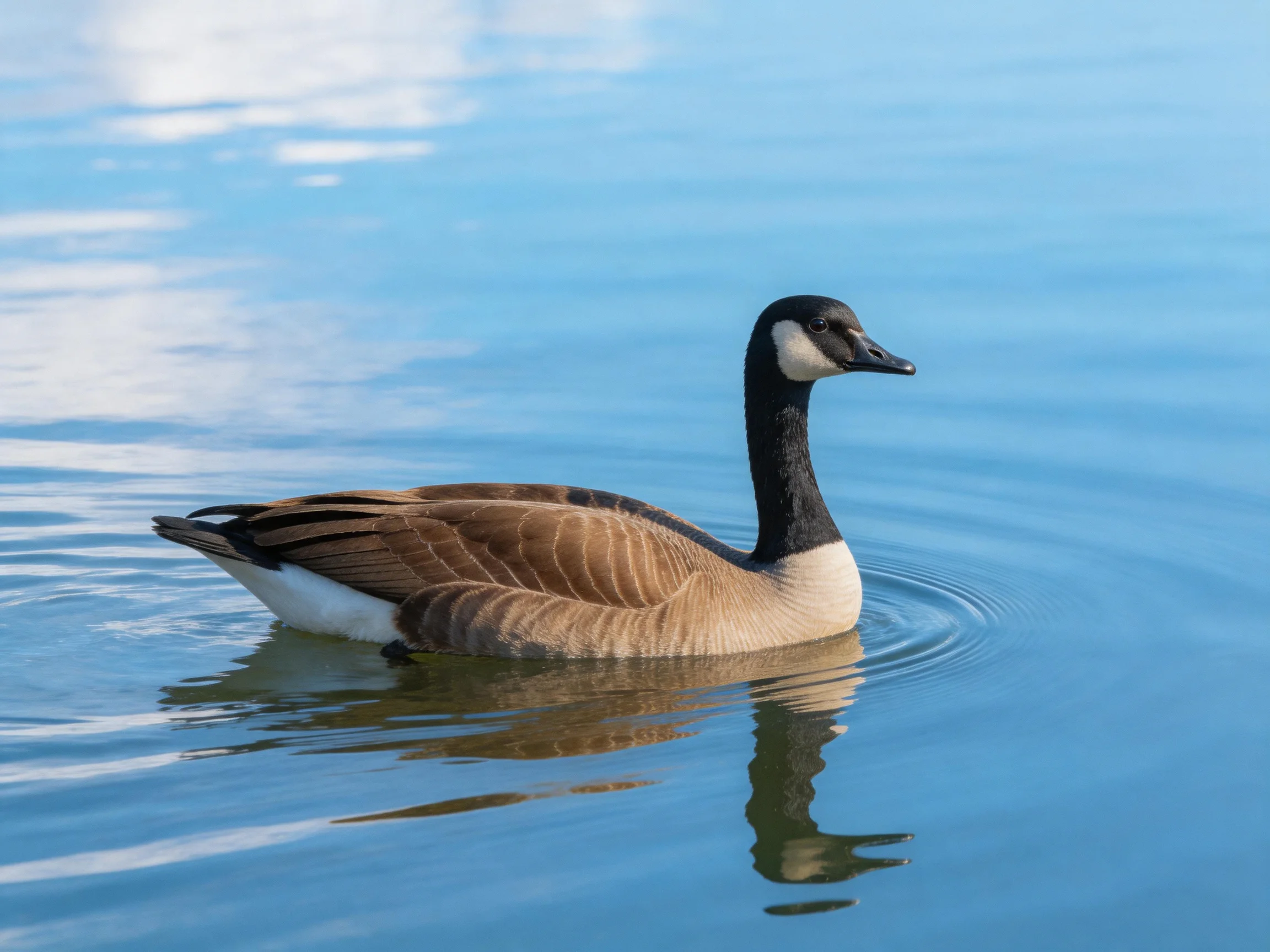 A Canada Goose swims gracefully in calm blue water
