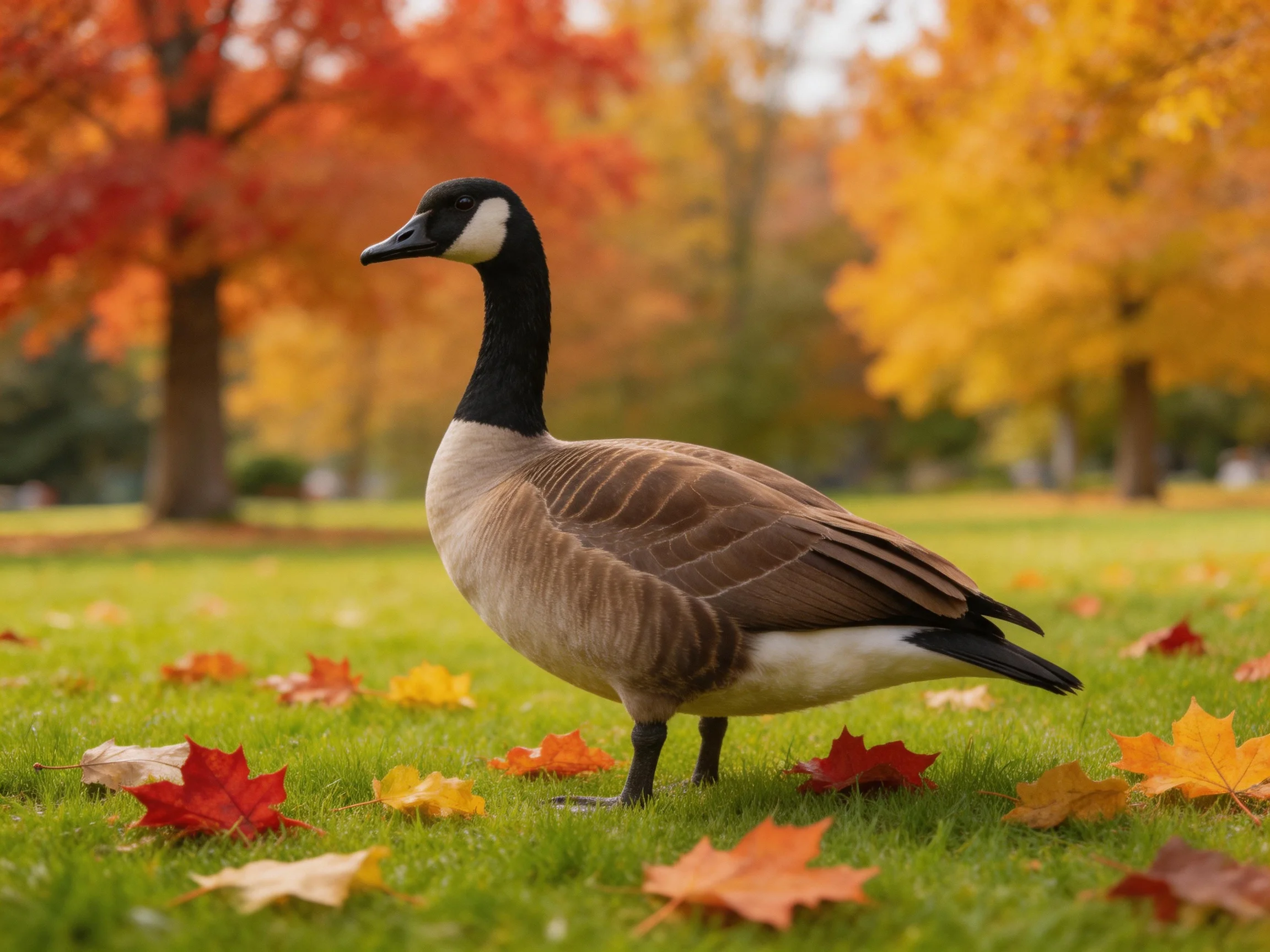 A Canada goose amidst colorful autumn leaves and golden trees