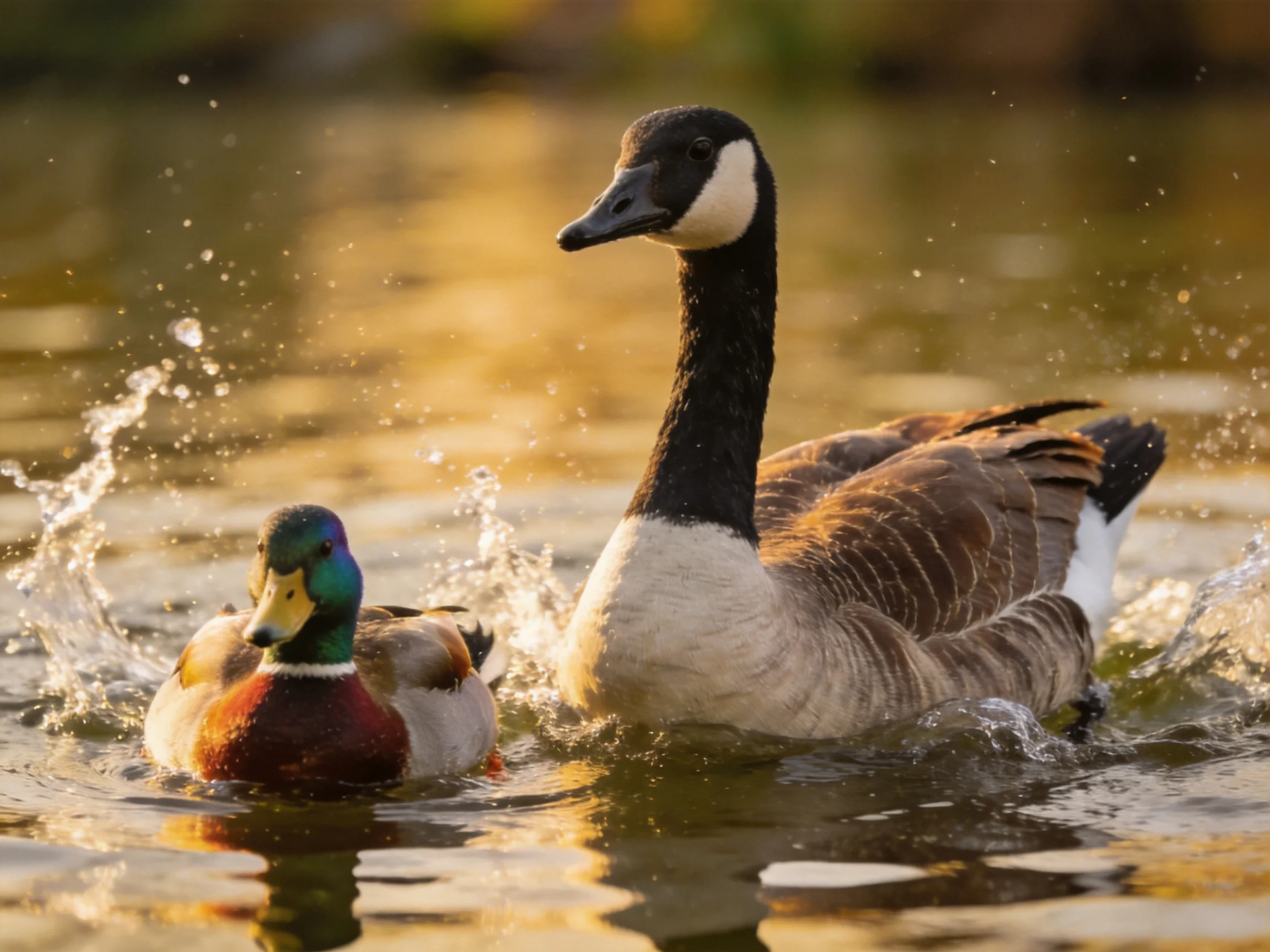A Canada goose and a mallard duck swim in golden-hued water