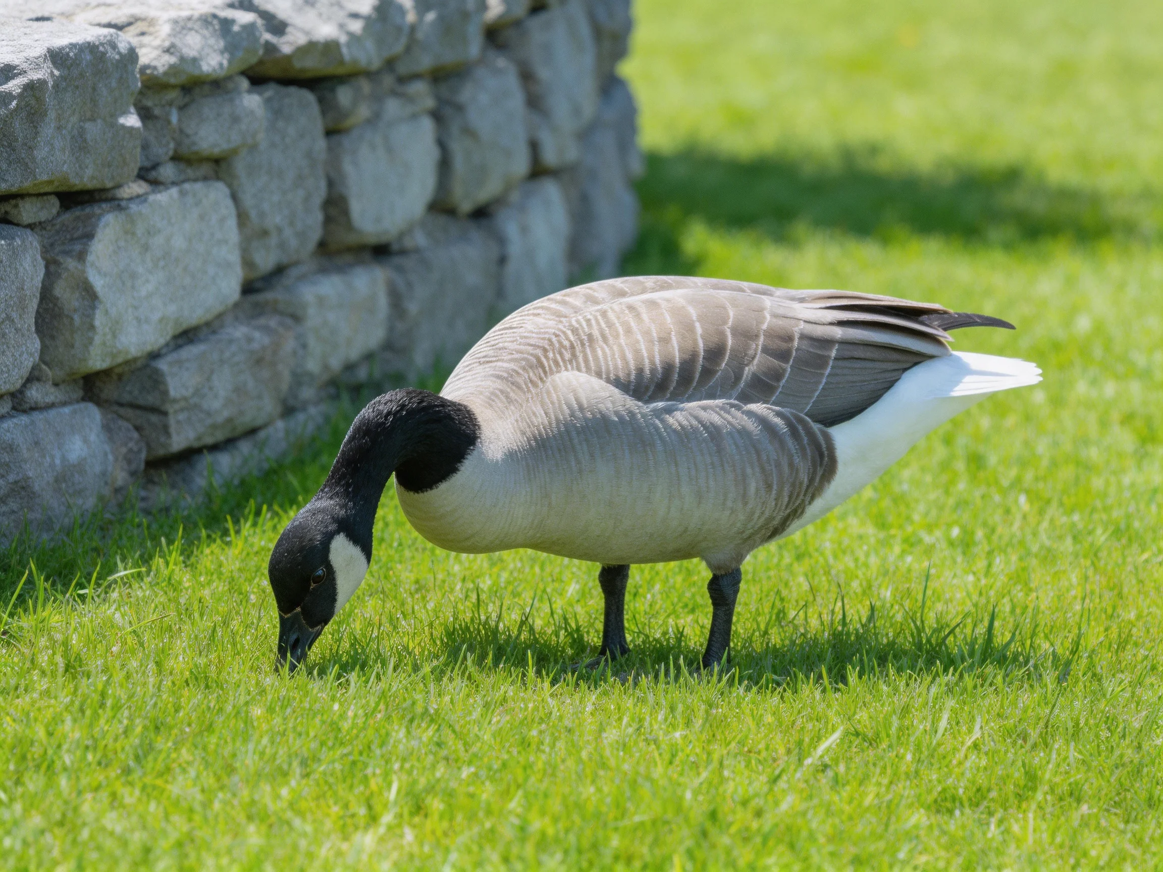 A Canada goose forages on lush green grass beside a weathered stone wall