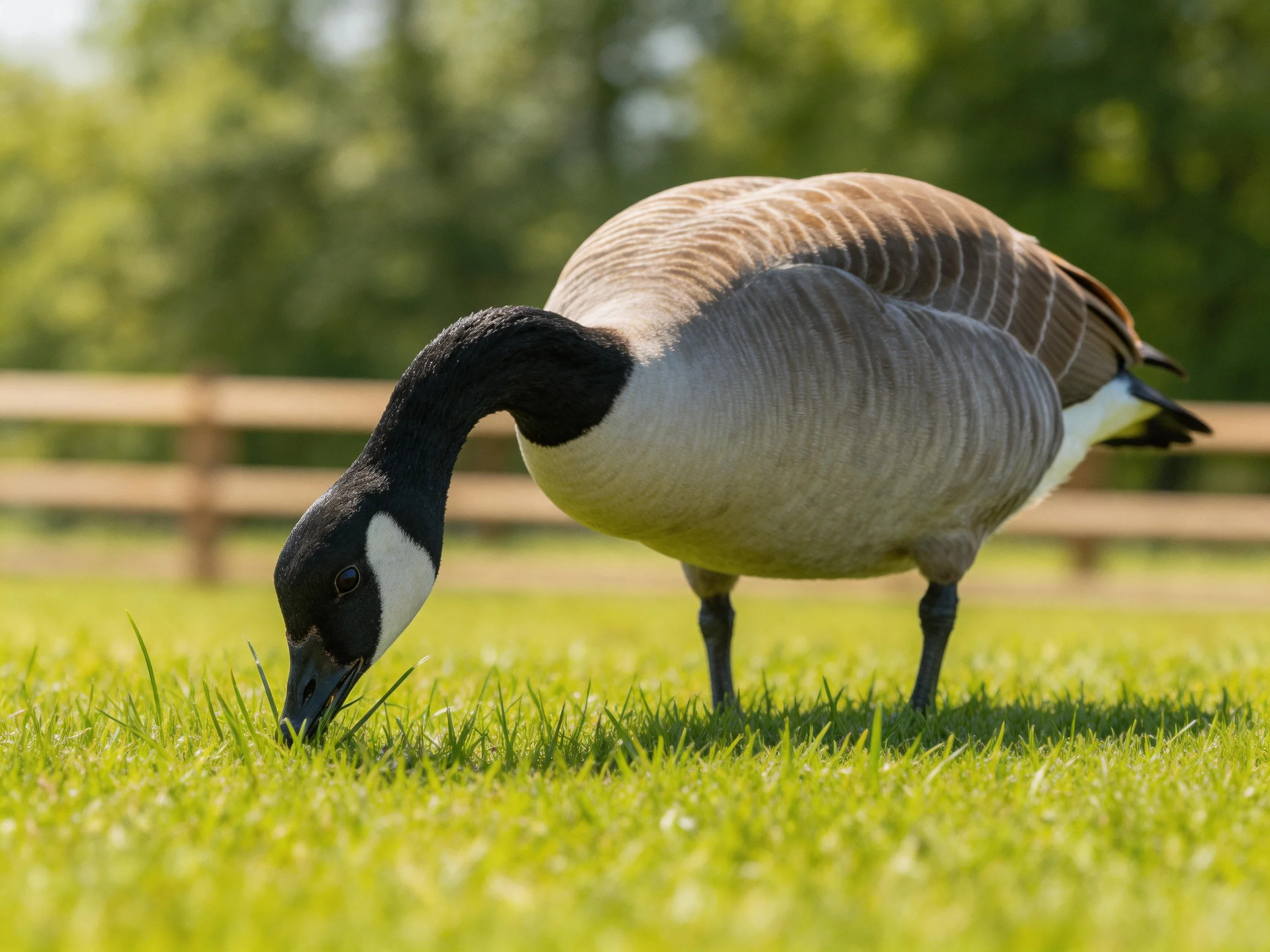 A Canada goose grazing on bright green grass near a wooden fence