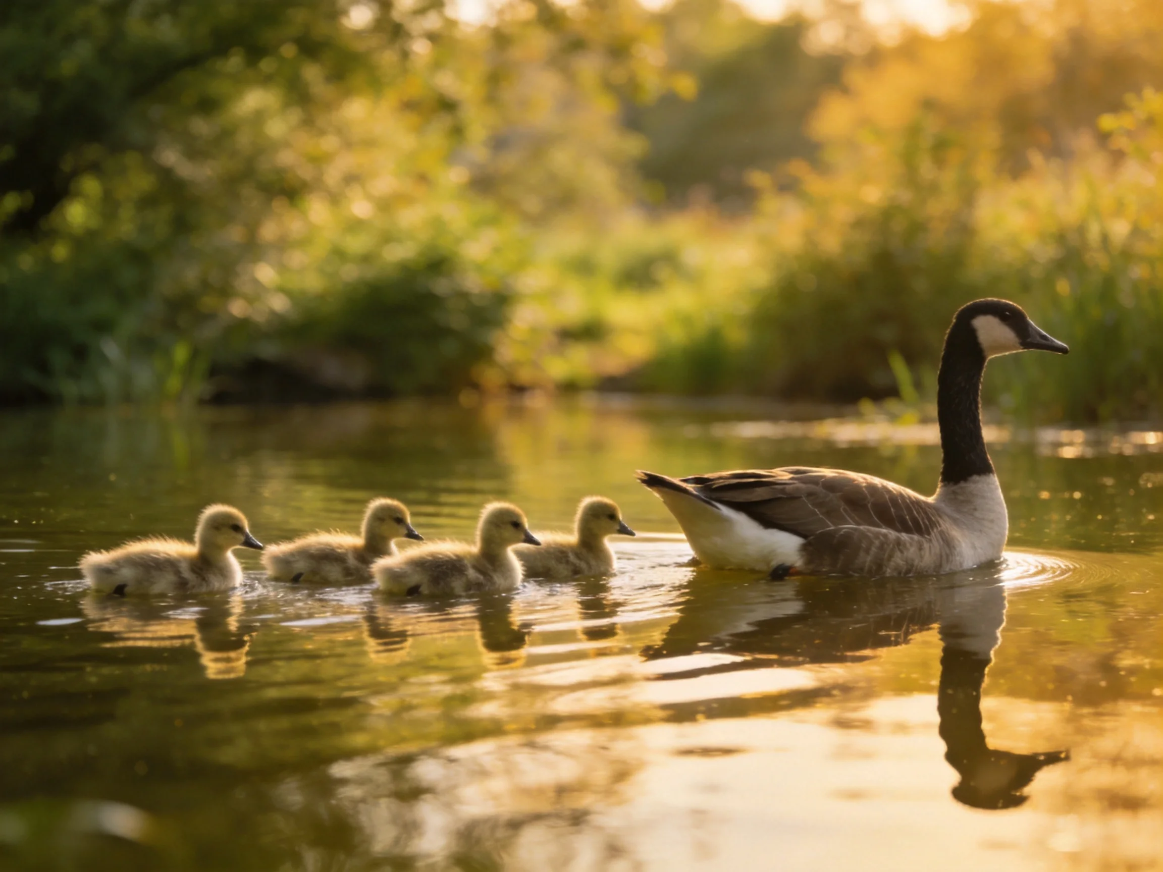 A Canada goose leading four goslings through golden-hued water