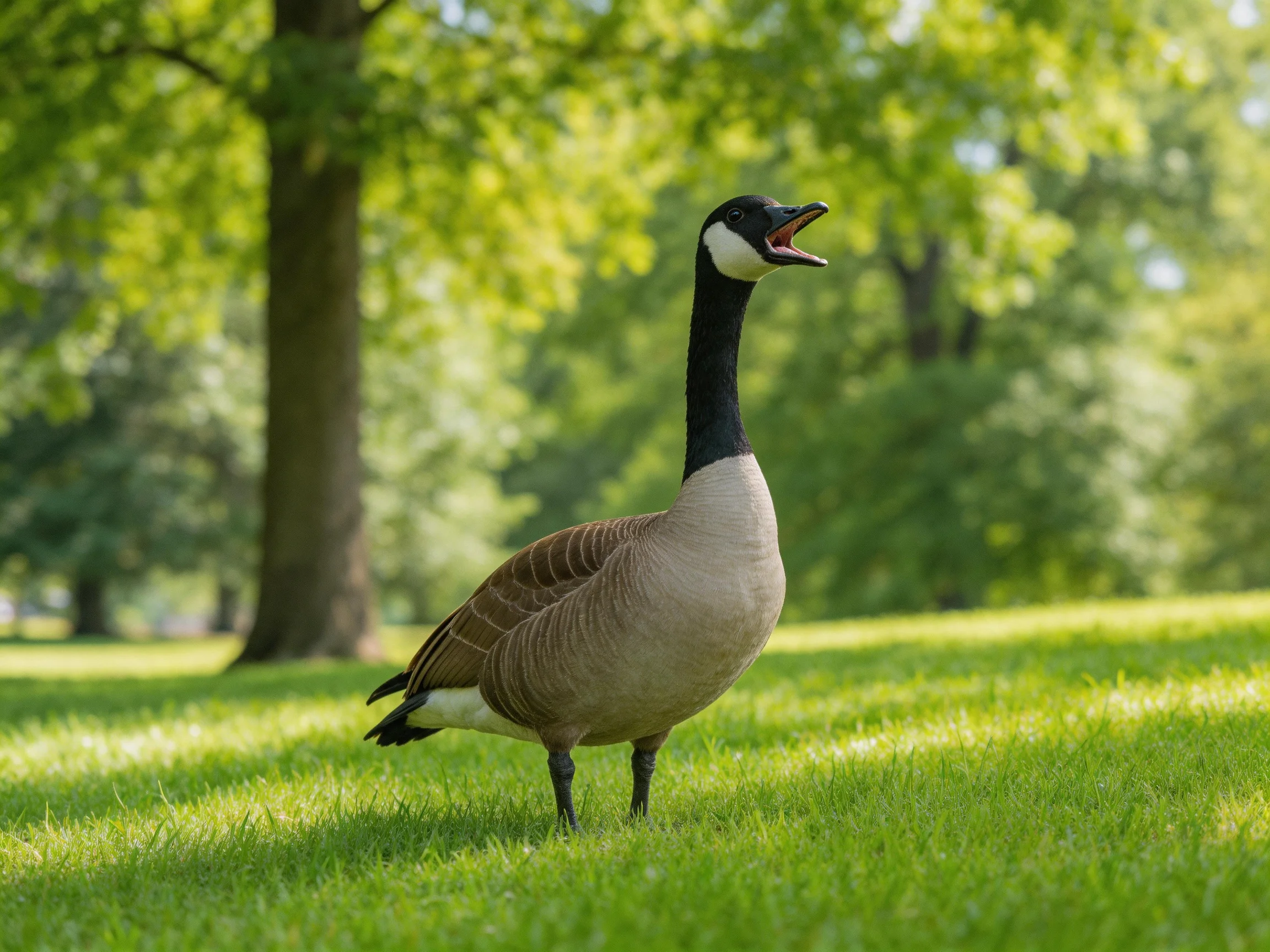 A Canada goose stands on lush green grass near tall trees