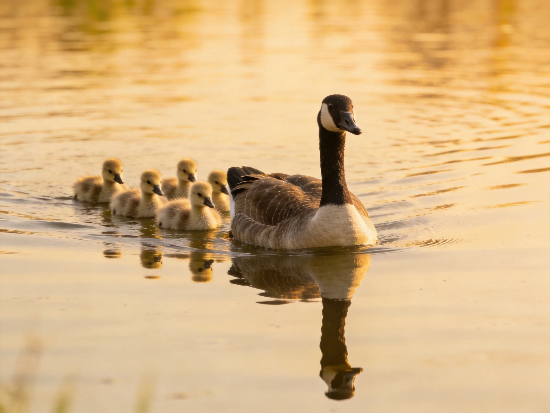 A Canada goose swimming with five goslings in golden-hued water
