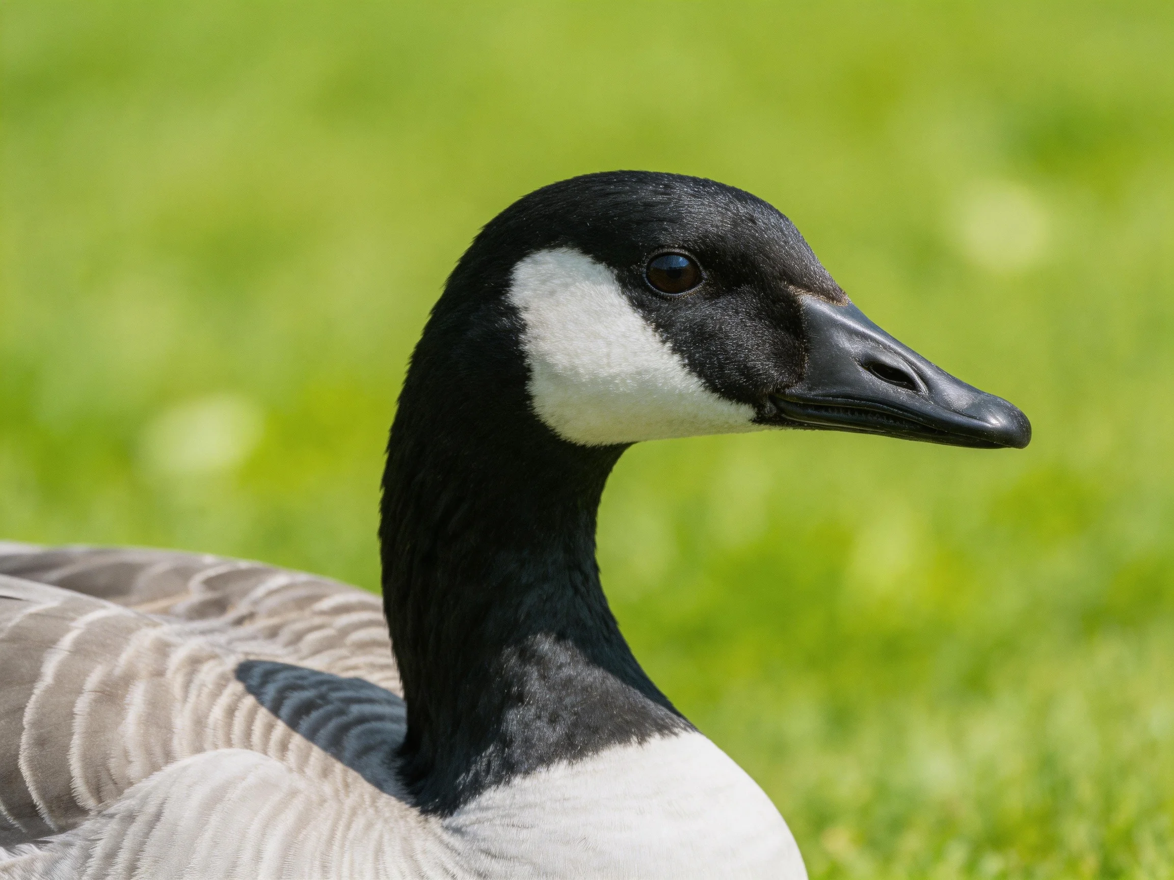 A Canada goose with black and white plumage near a bright green field