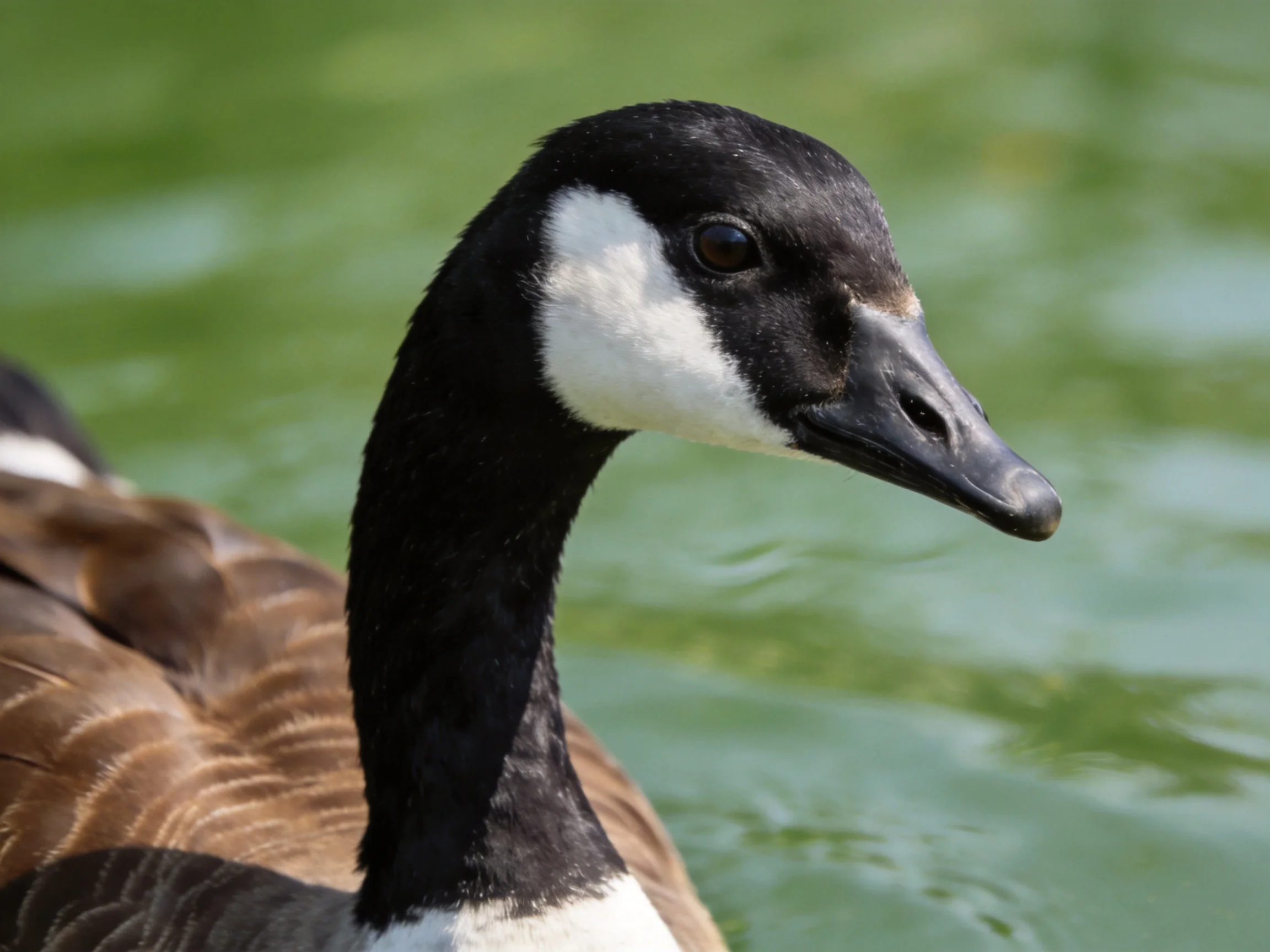A Canada goose with black, white, and brown feathers near green water