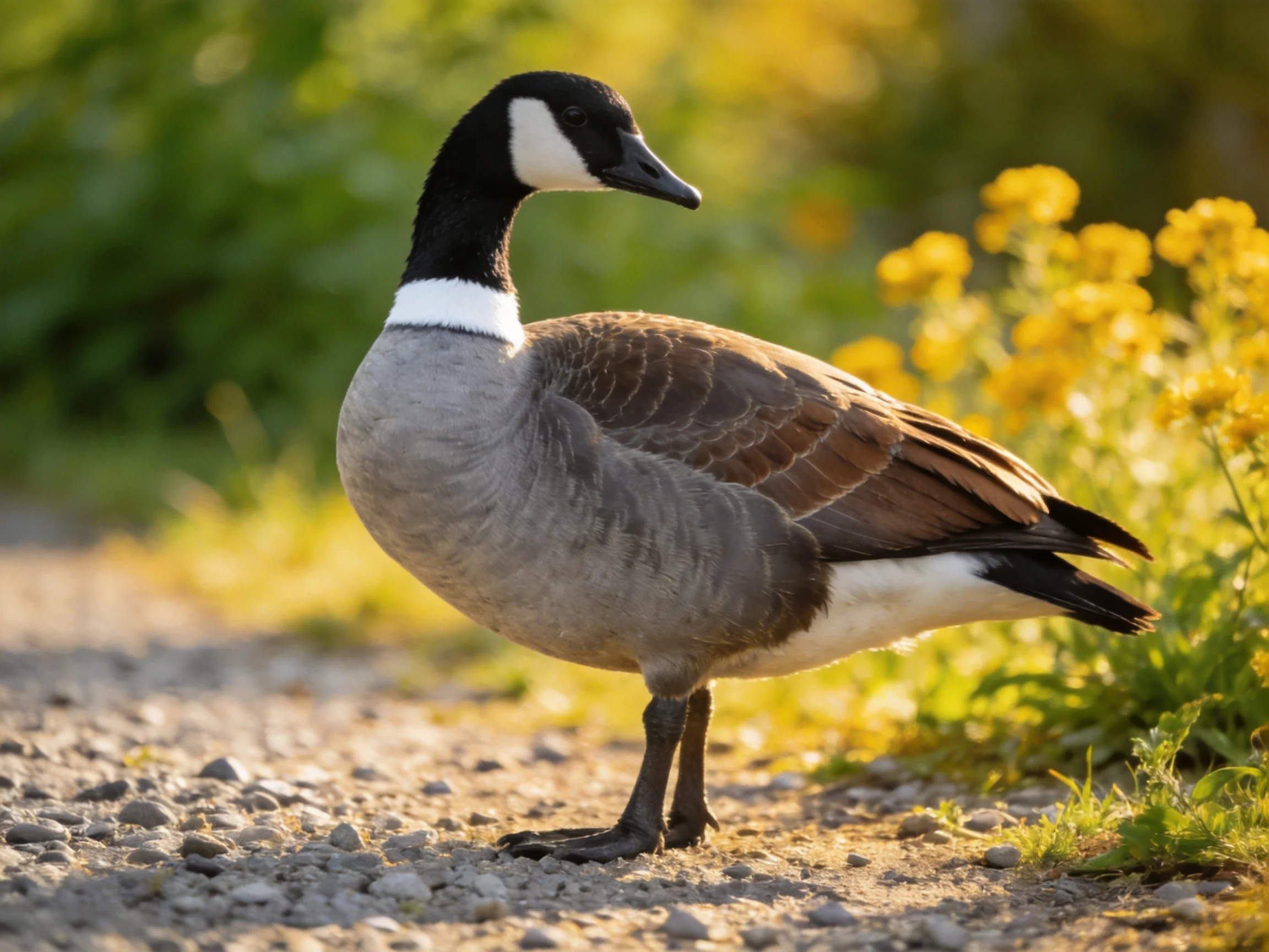 A Canada goose with black, white, and brown plumage on gravel near yellow wildflowers
