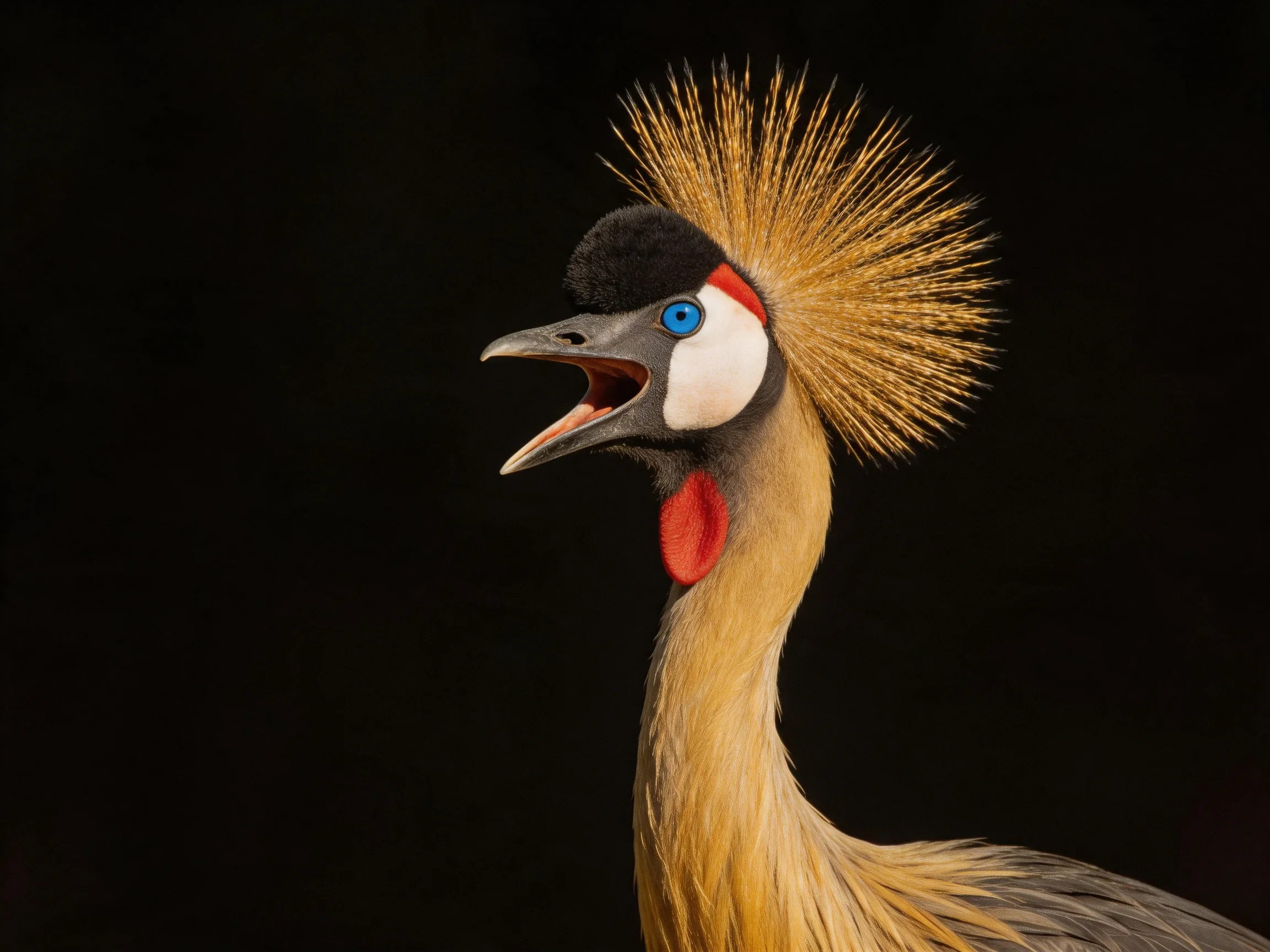 A Golden-Crested Crane with Blue Eyes Displays Vibrant Plumage